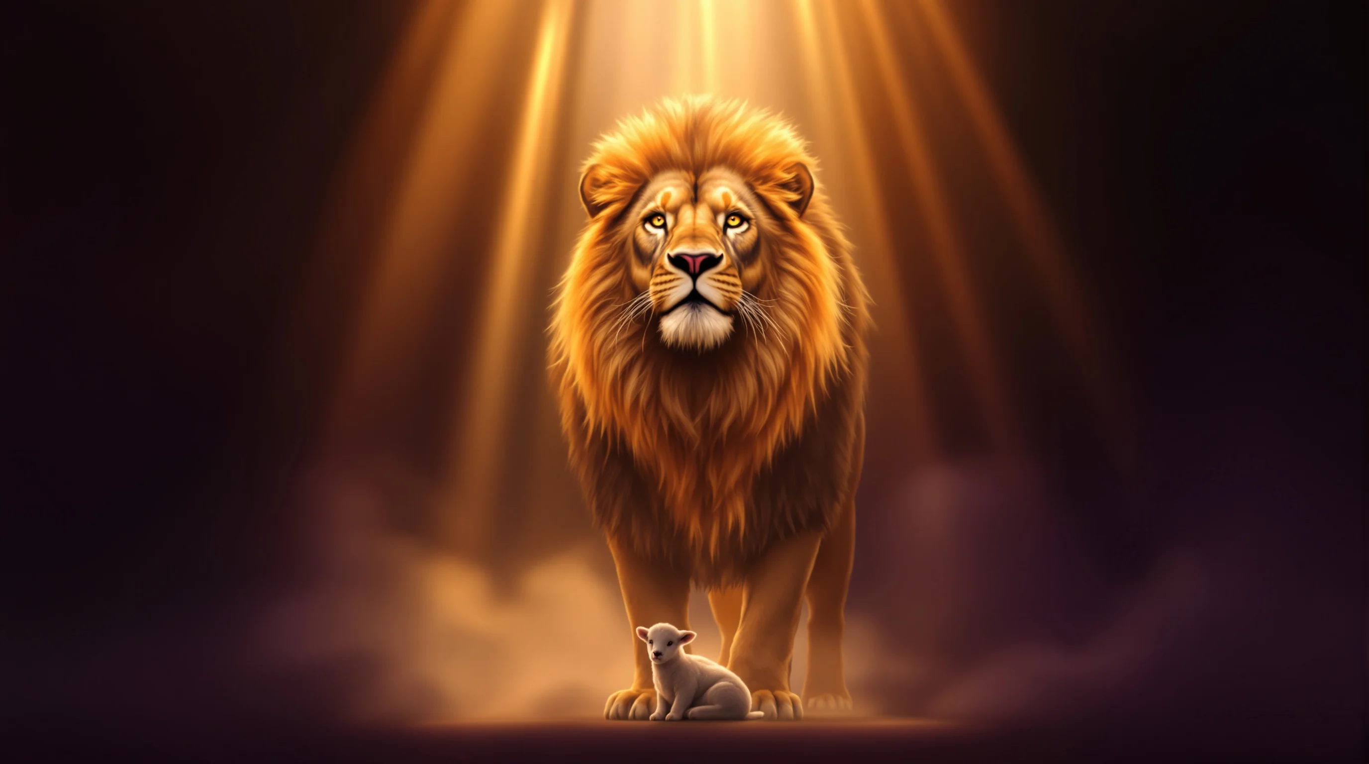 Majestic lion with golden mane in heavenly light, with a lamb resting at its feet, symbolizing the Lion of Judah