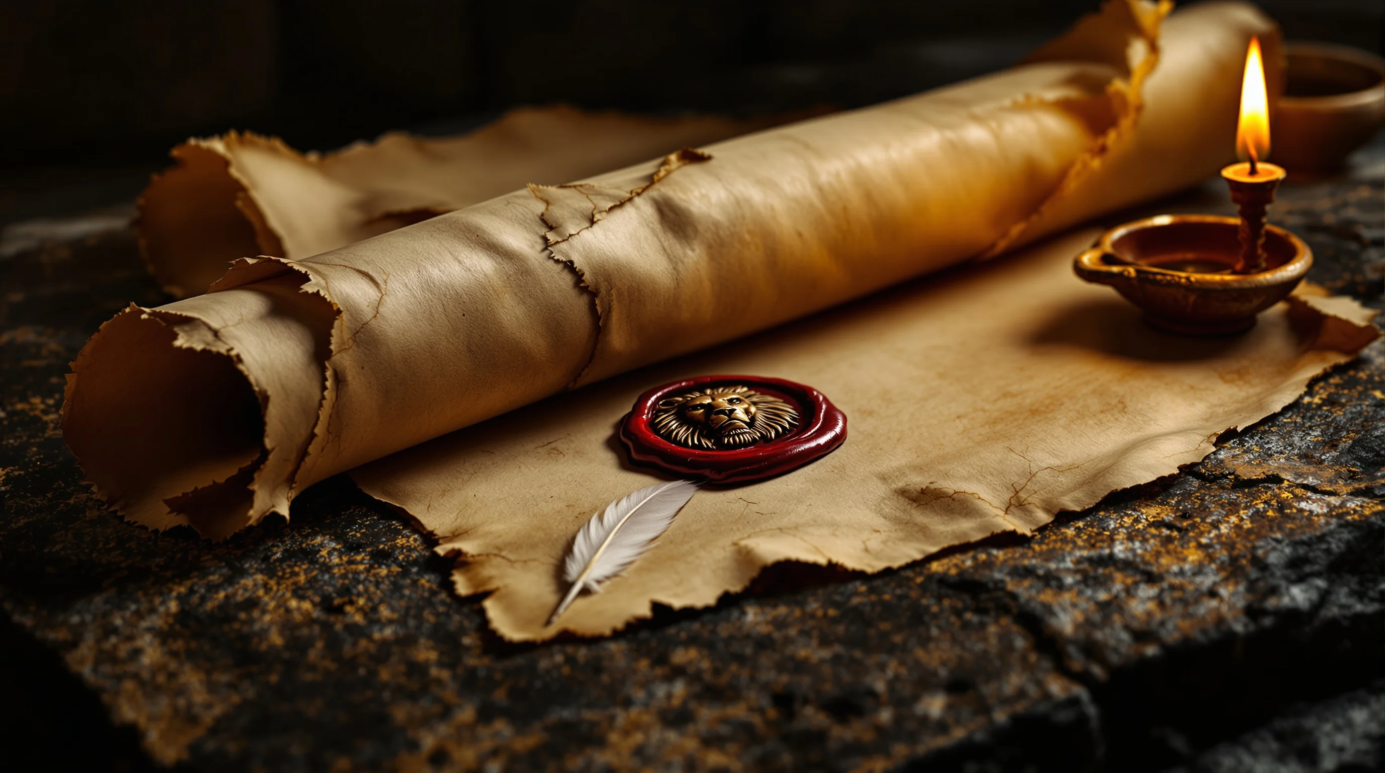Ancient weathered scroll with crimson lion head wax seal, quill, and oil lamp on stone surface in candlelight