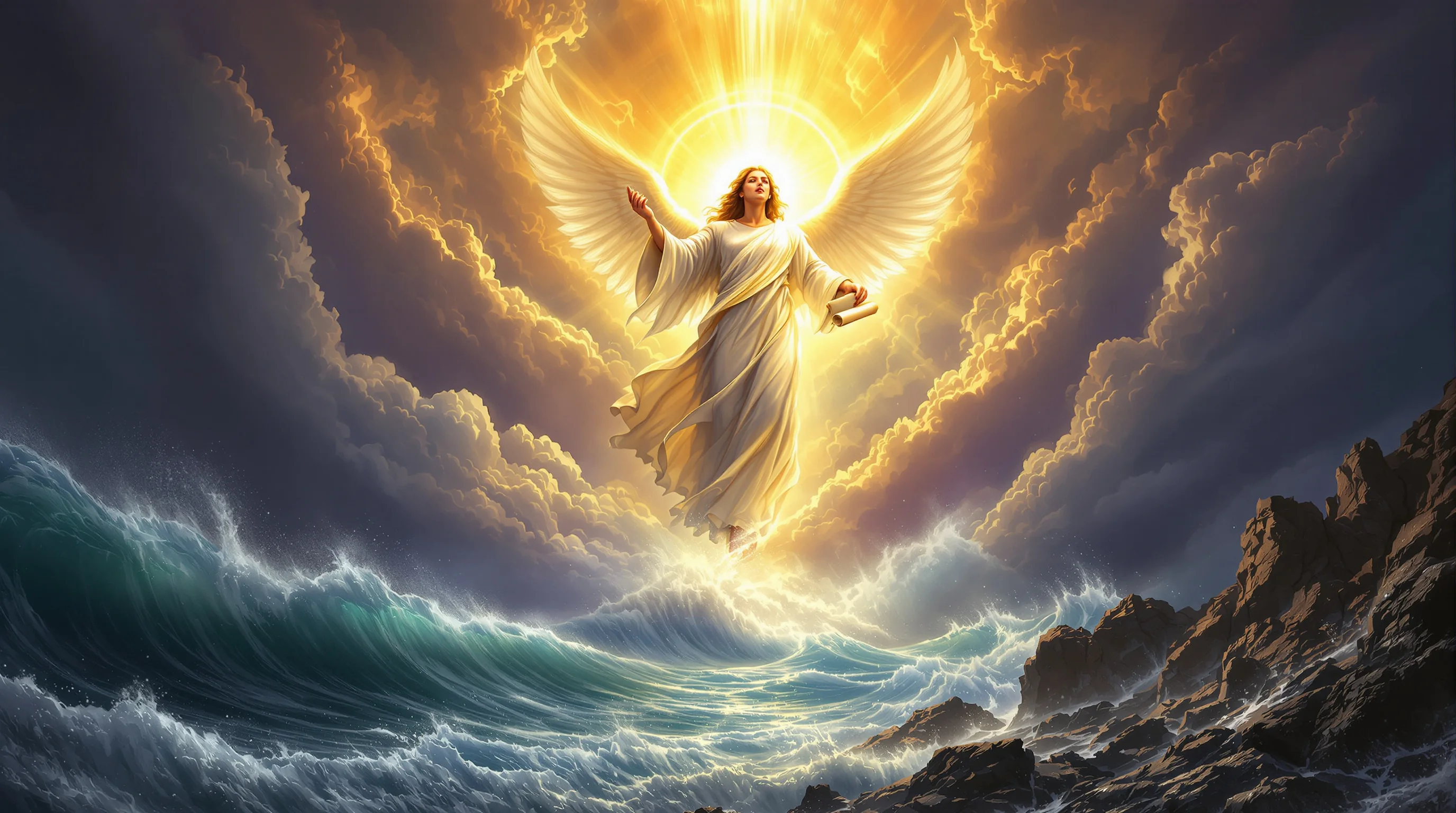 Mighty angel holding the little scroll in Revelation, with rainbow halo and feet on sea and land