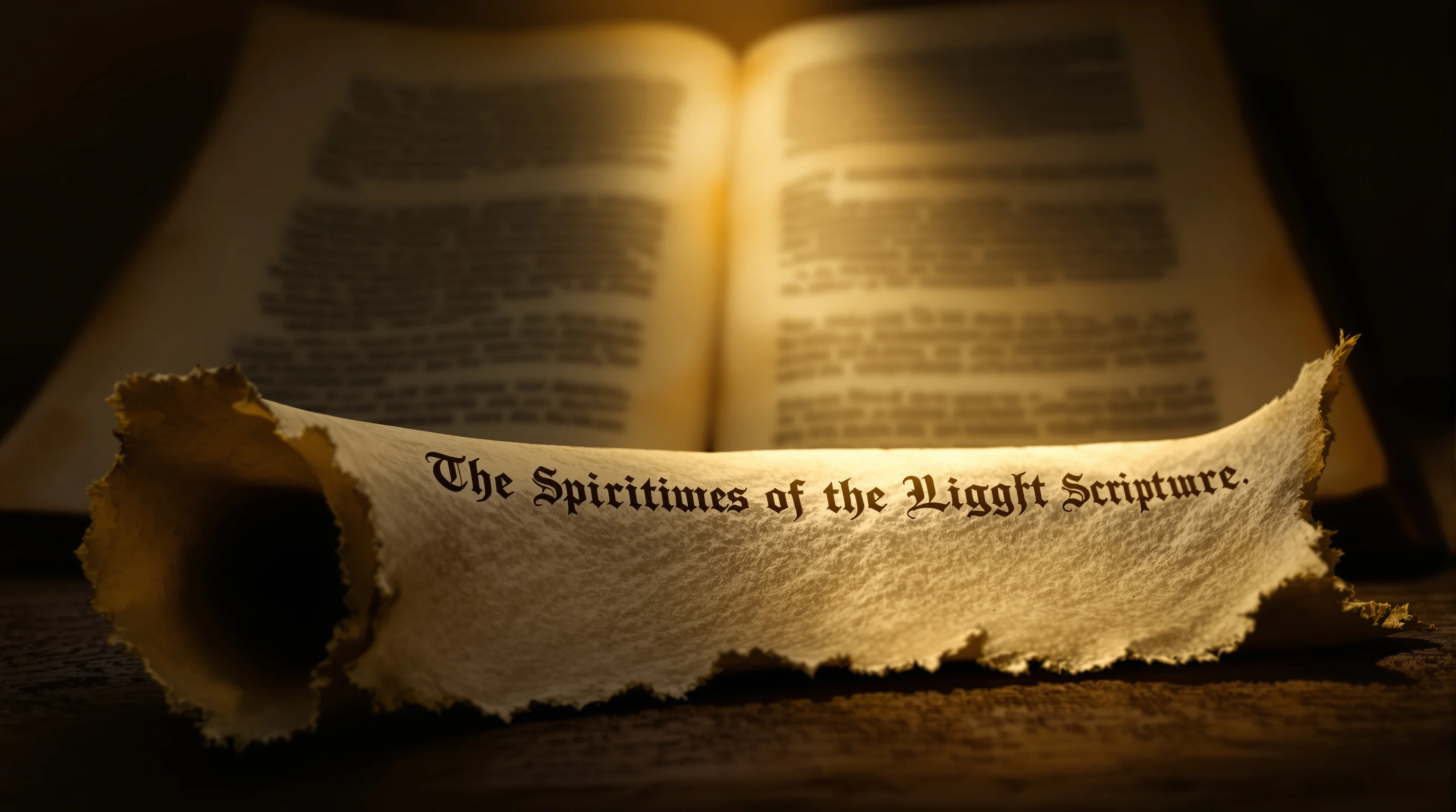 Weathered little scroll in Revelation, half-unrolled on wood with warm amber light and blurred scripture pages