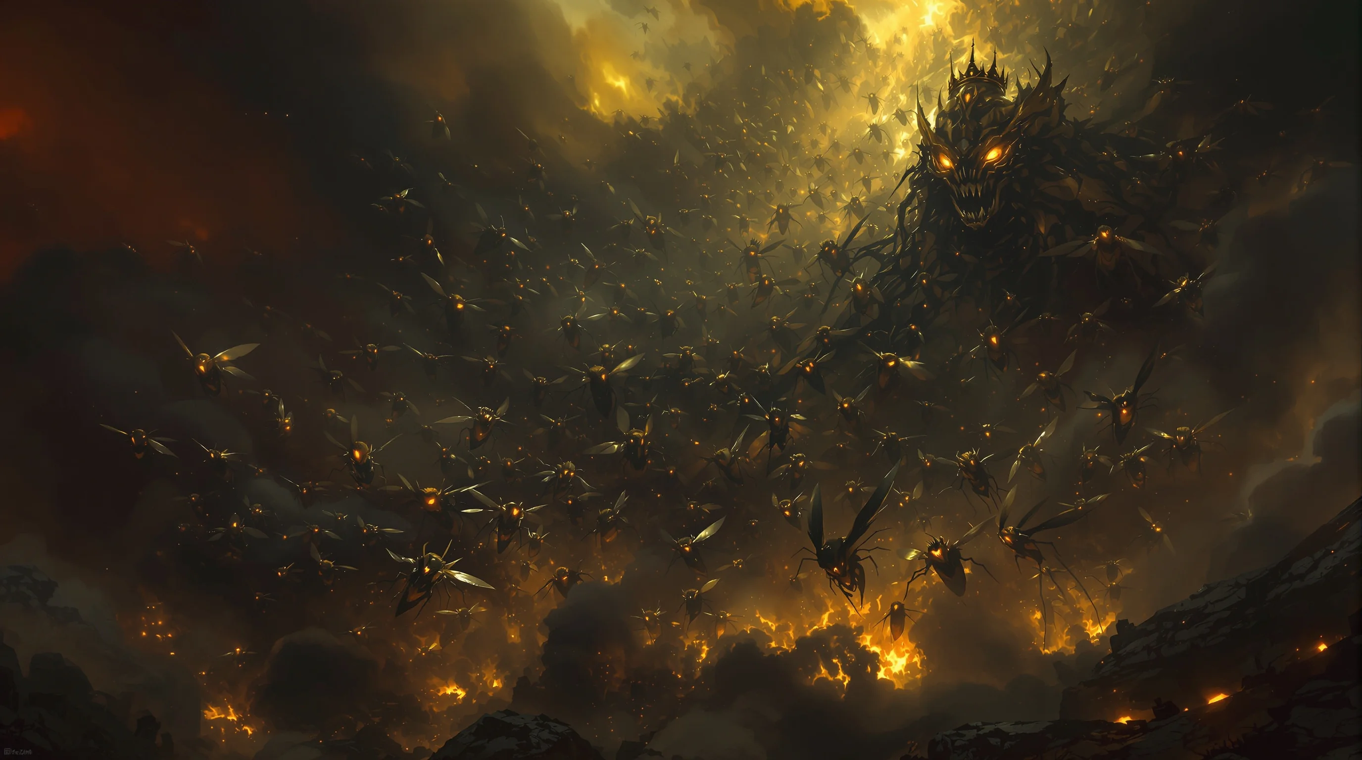 Apocalyptic swarm of armored, hybrid locust creatures rising from a smoky abyss in dramatic crimson and gold light.