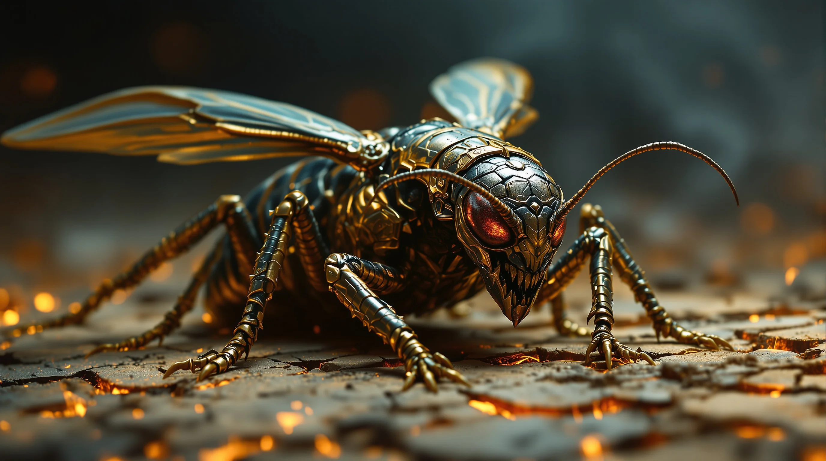 Surreal armored locust creature with human-like face and warrior breastplate, resting on scorched earth in dramatic amber light.