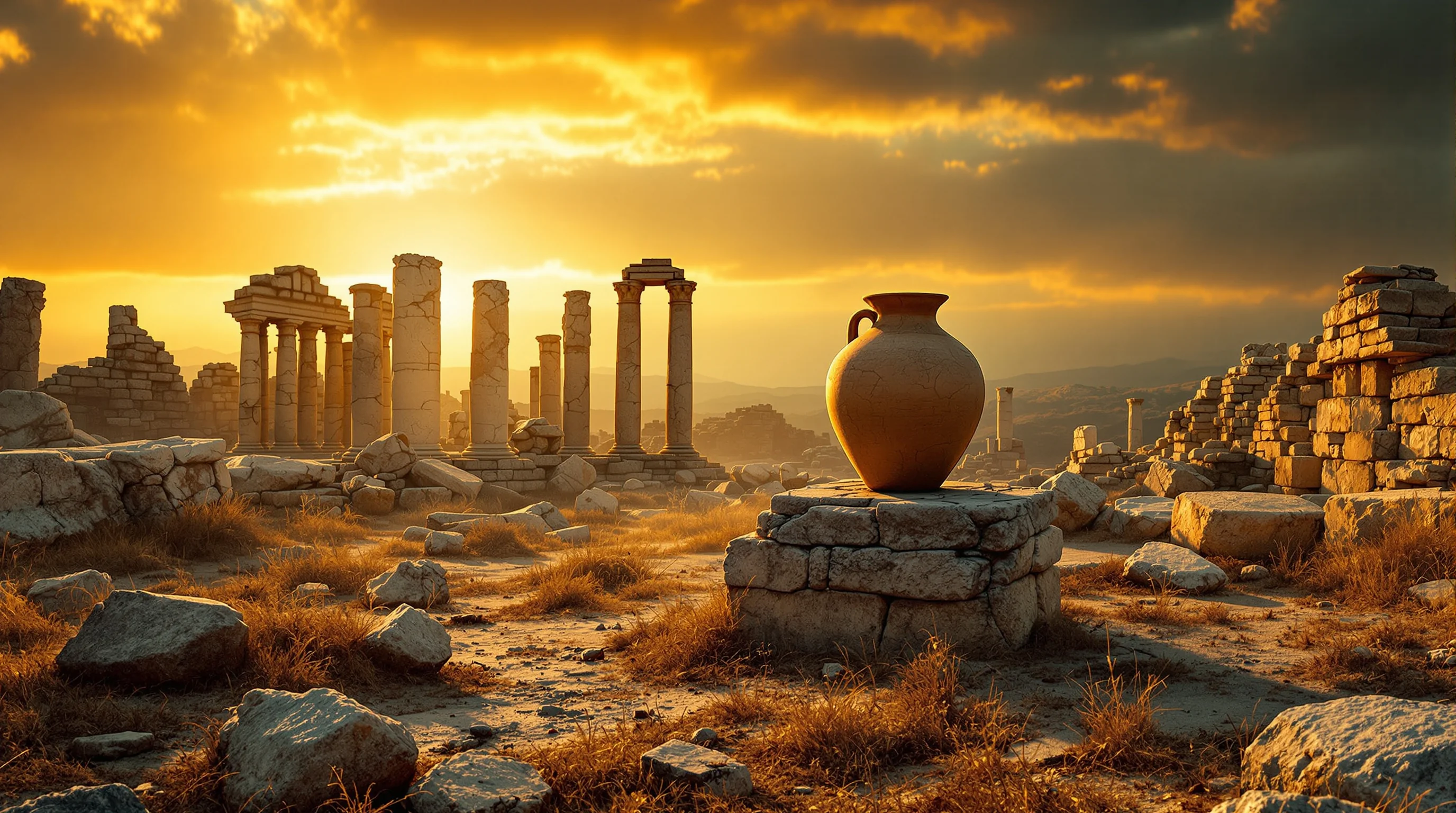 Ancient clay vessel on stone ruins at golden hour, evoking the lukewarm warning in Revelation 3 to the church of Laodicea.
