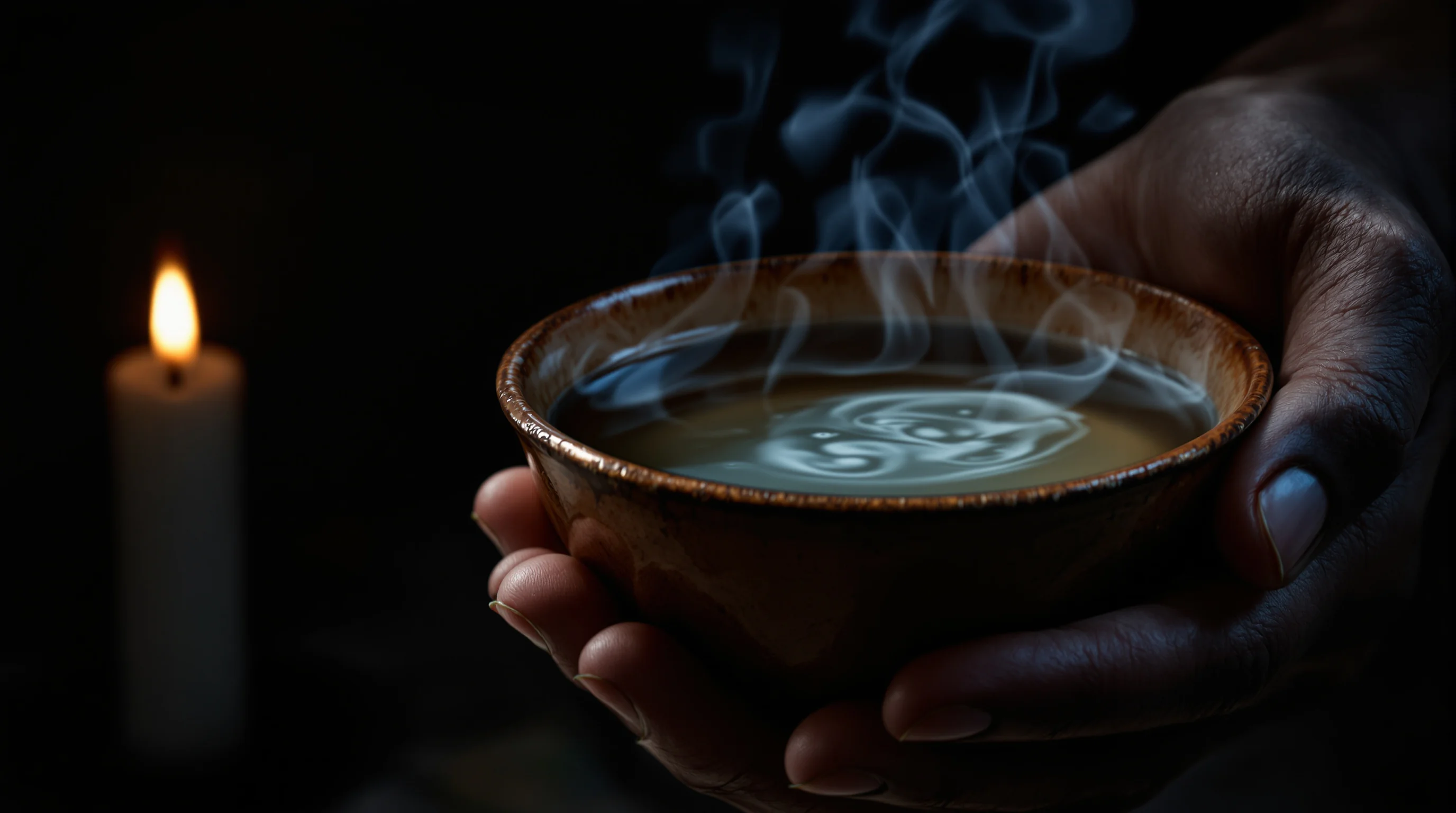 Weathered hands cupping a ceramic bowl of lukewarm water, lit by warm candlelight and cool blue light, symbolizing spiritual complacency.