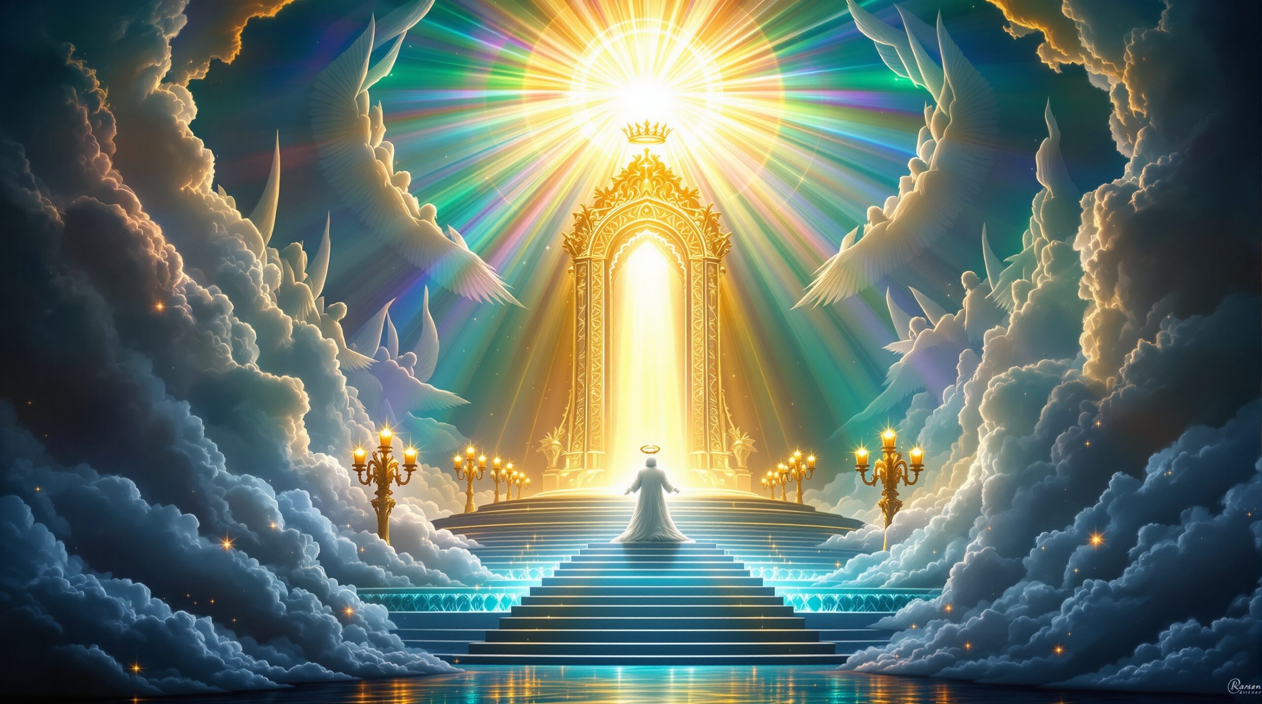 A heavenly throne room depicting the main message of Revelation, showing a crowned lamb before God's glorious throne, surrounded by worshiping angels, rainbow arch, and divine light in classical religious art style.