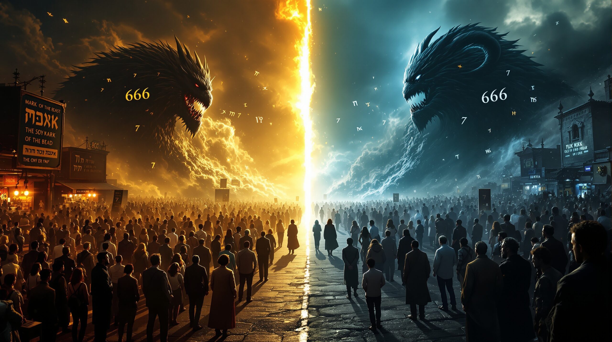 Photorealistic depiction of the Mark of the Beast from Revelation 13, showing divided groups at a marketplace - marked individuals in golden light versus unmarked believers in shadows, with two beast figures rising in the background amid contrasting divine and artificial lighting.