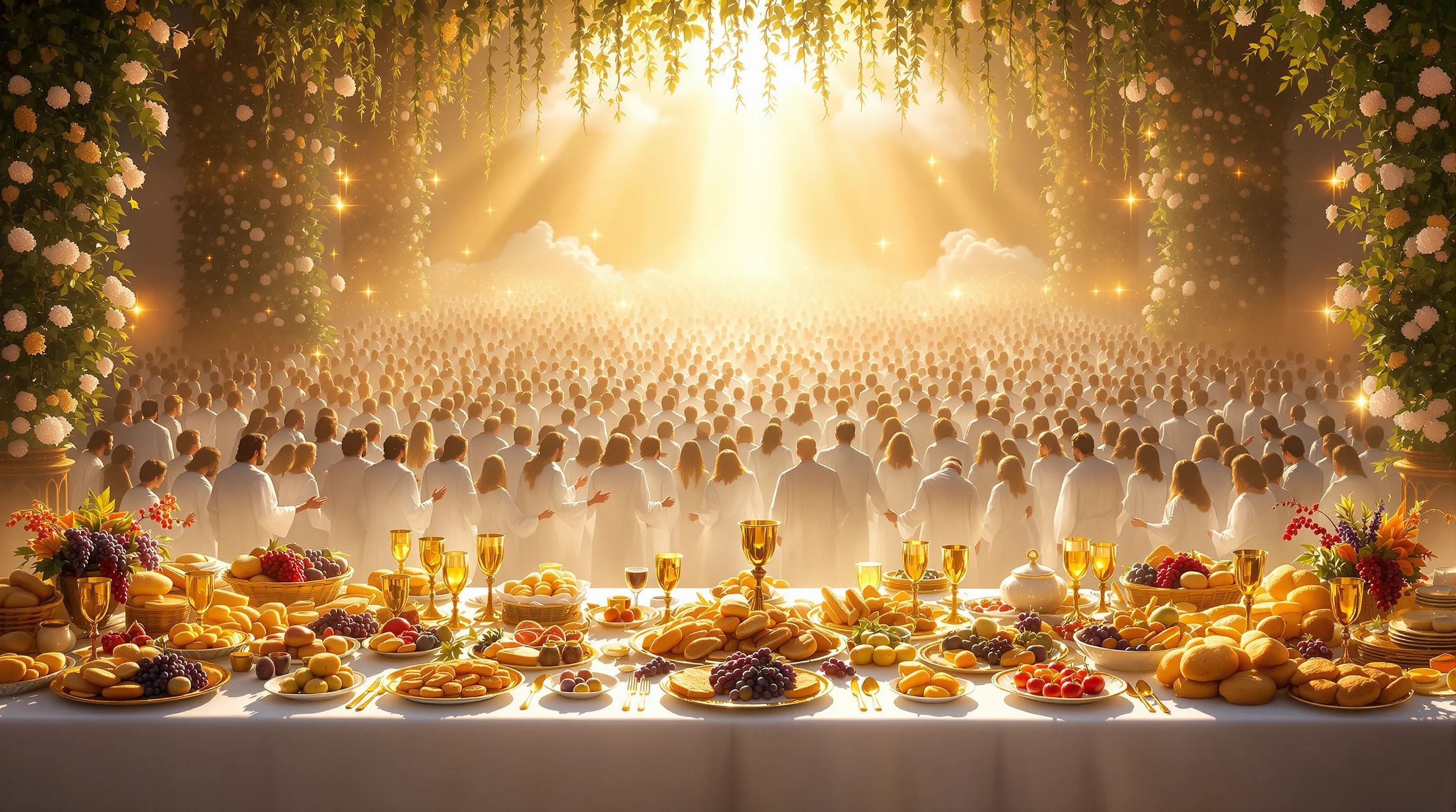 Celestial banquet table with white-robed figures gathered in a luminous heavenly realm, depicting the Marriage Supper of the Lamb