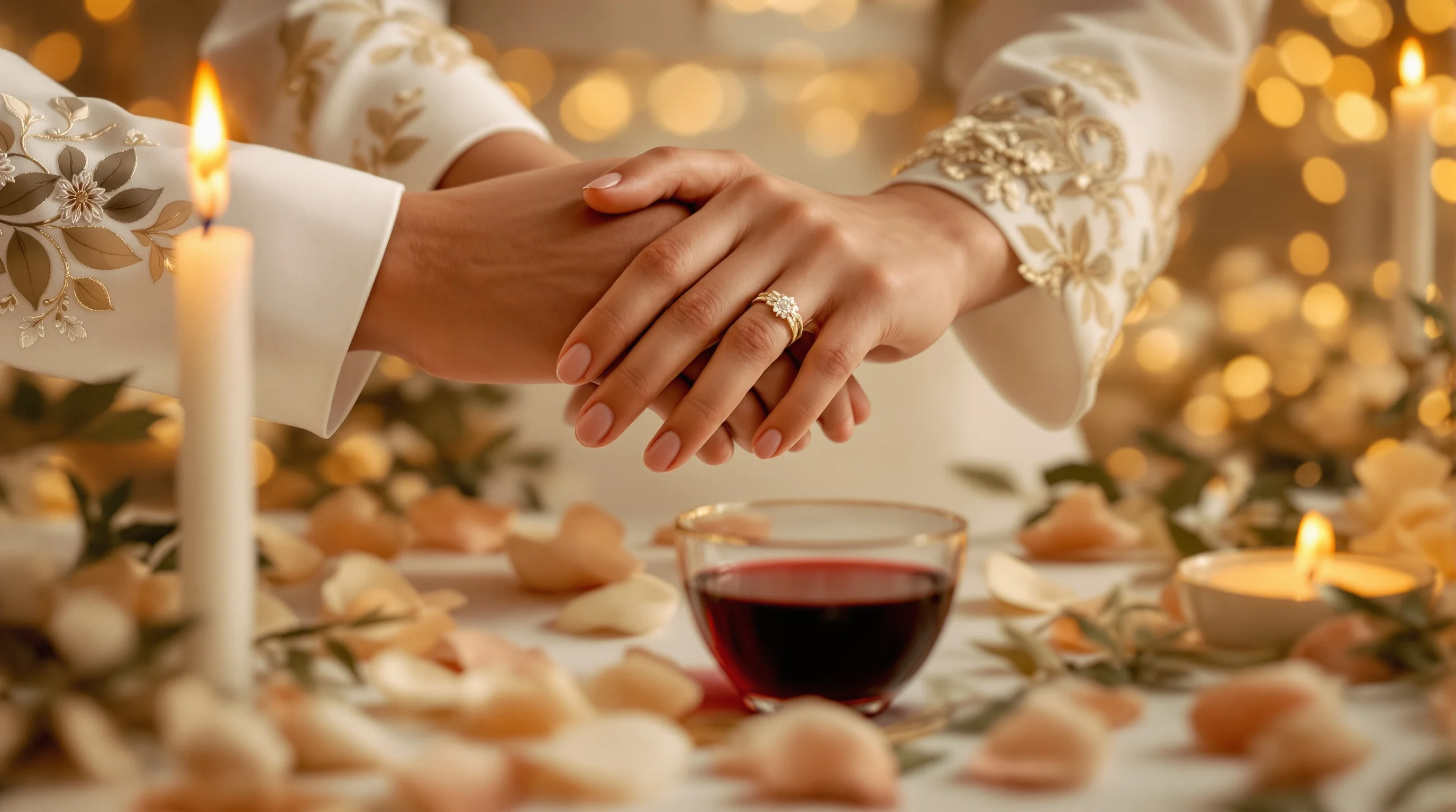 Bride and groom's clasped hands at a candlelit ceremonial table with red wine and rose petals, evoking the Marriage Supper of the Lamb