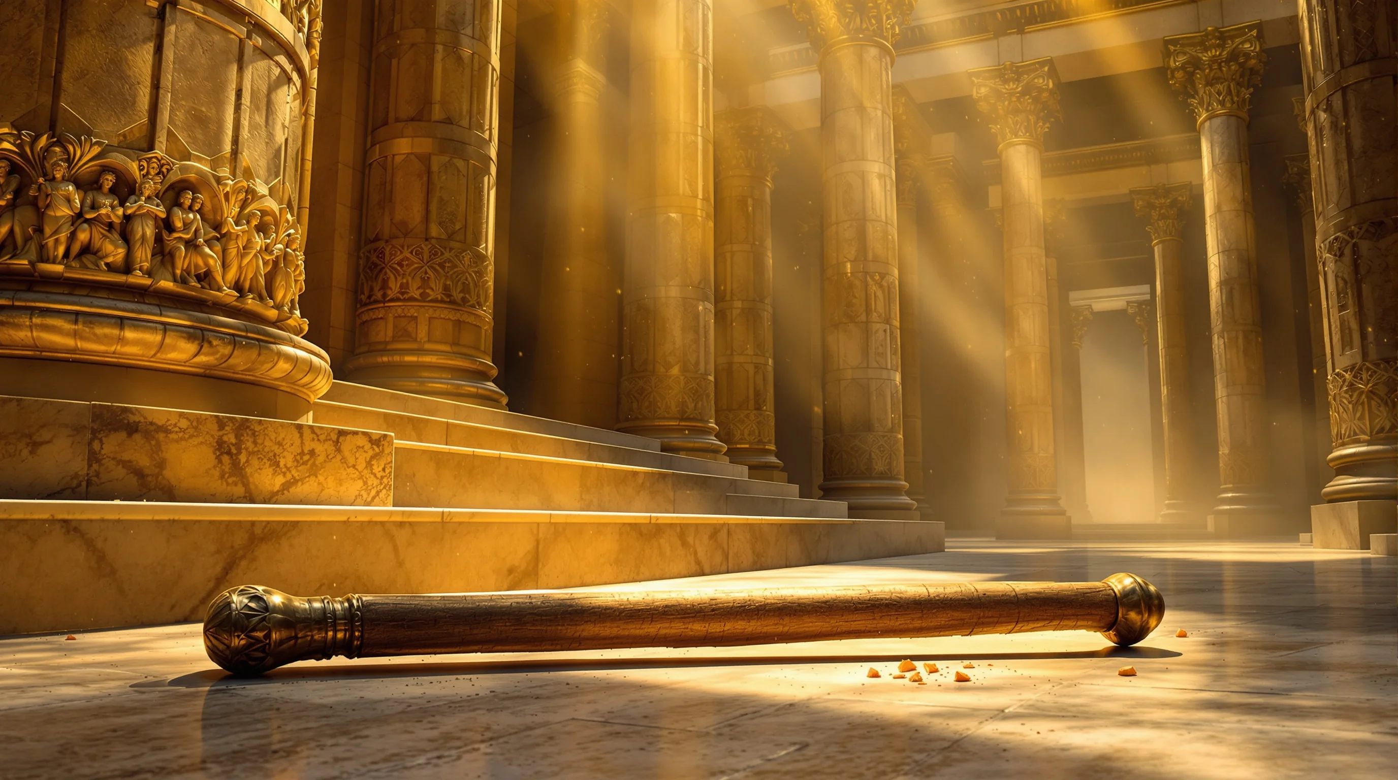 Measuring the temple in Revelation 11: ancient rod against illuminated temple columns, shadowed outer court beyond