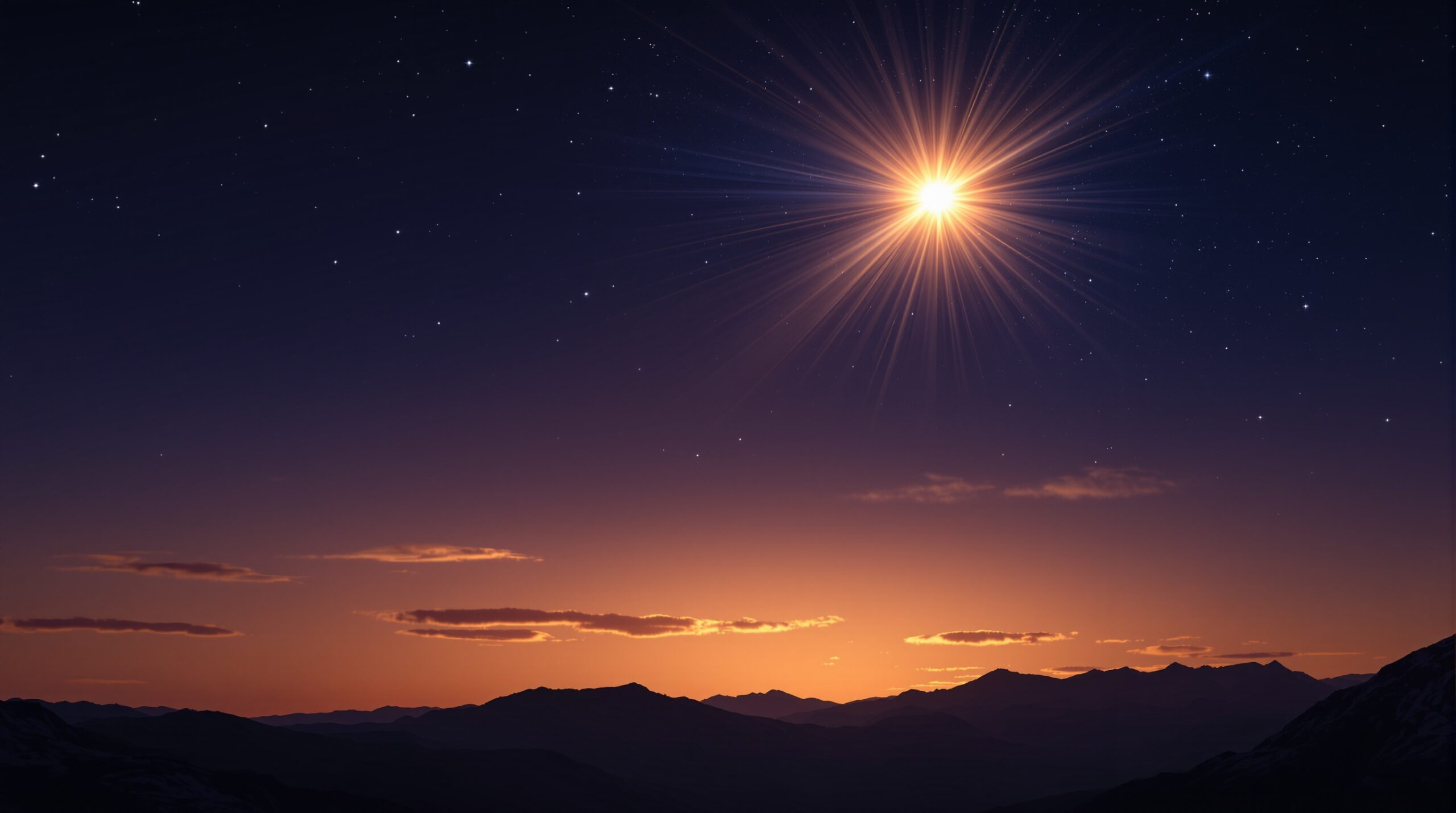 Venus as the morning star revelation blazing in pre-dawn sky with divine golden rays streaming over silhouetted mountain ridges, symbolizing Christ's promise to believers through celestial radiance breaking through darkness.