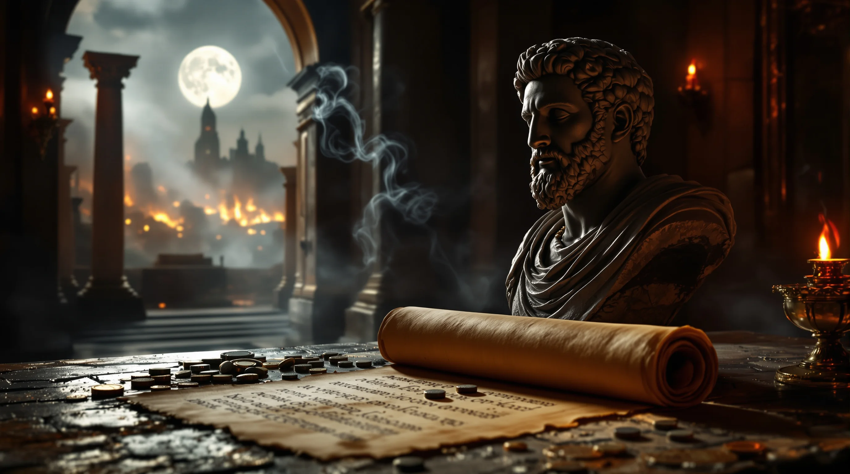 Marble bust of Nero in shadowed Roman chamber, symbolizing Nero 666 Revelation gematria theory