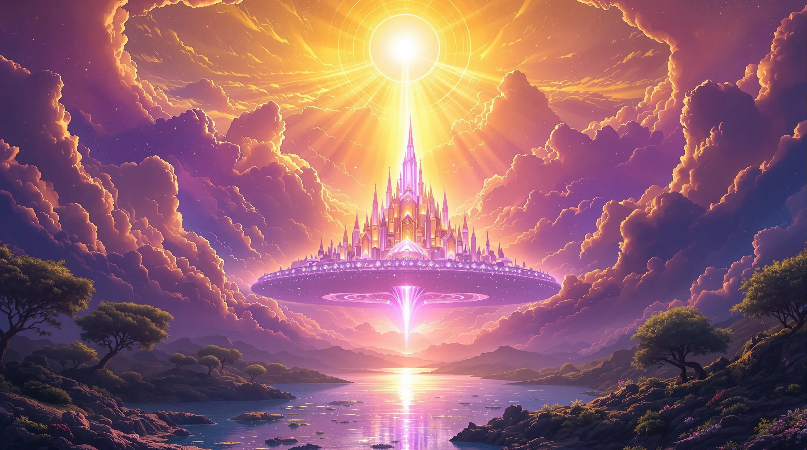 A luminous new earth with a crystal city descending from a golden-violet sky above a serene river and lush landscape.