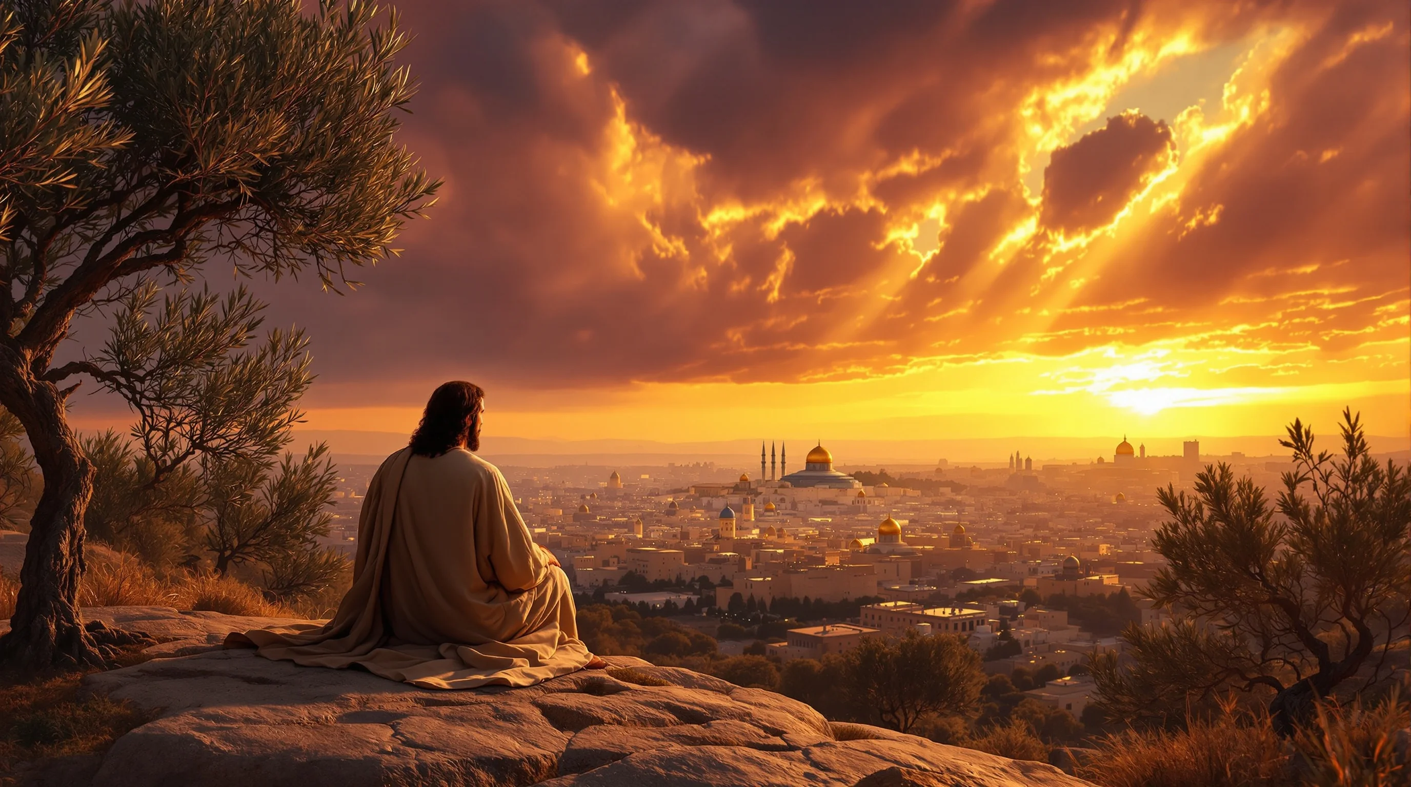 Jesus seated on the Mount of Olives with disciples, overlooking Jerusalem beneath a dramatic golden and purple sky.