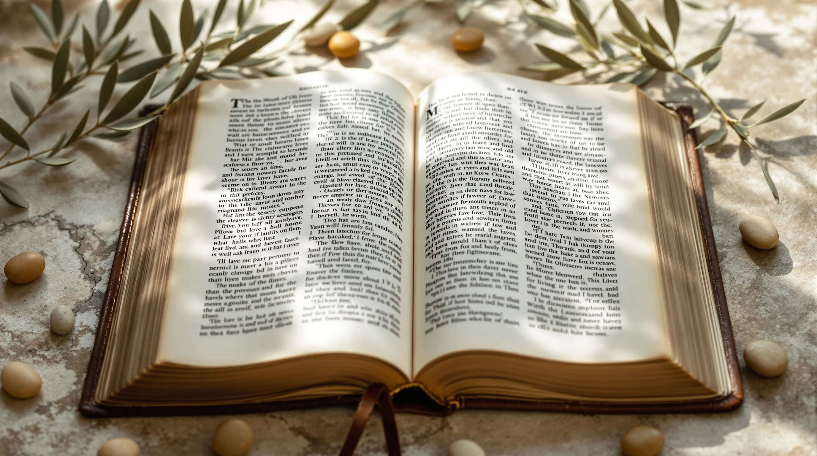 Open ancient Bible on weathered stone surrounded by olive branches, symbolizing the Olivet Discourse setting