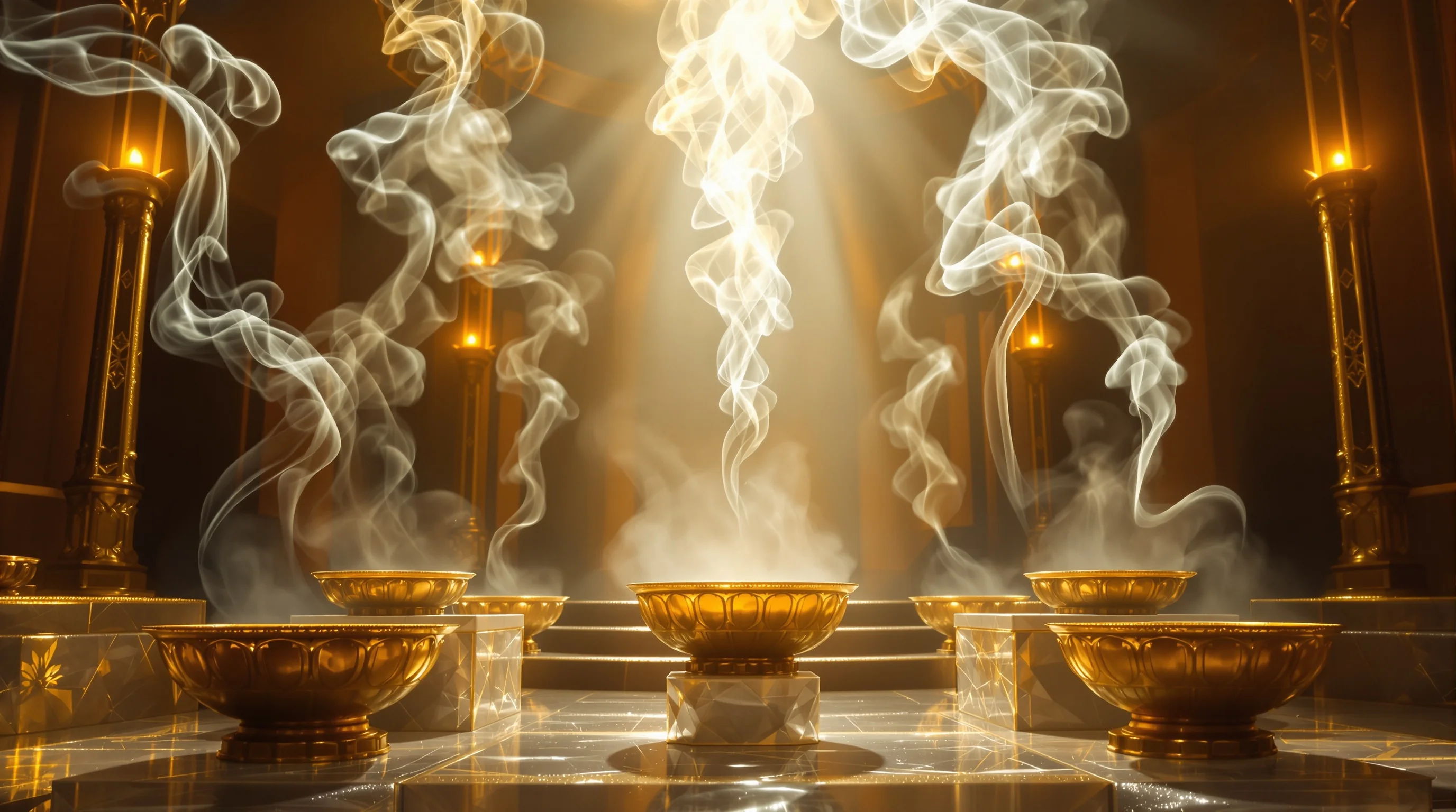 Golden incense bowls with rising smoke in heavenly throne room representing prayers ascending to divine light
