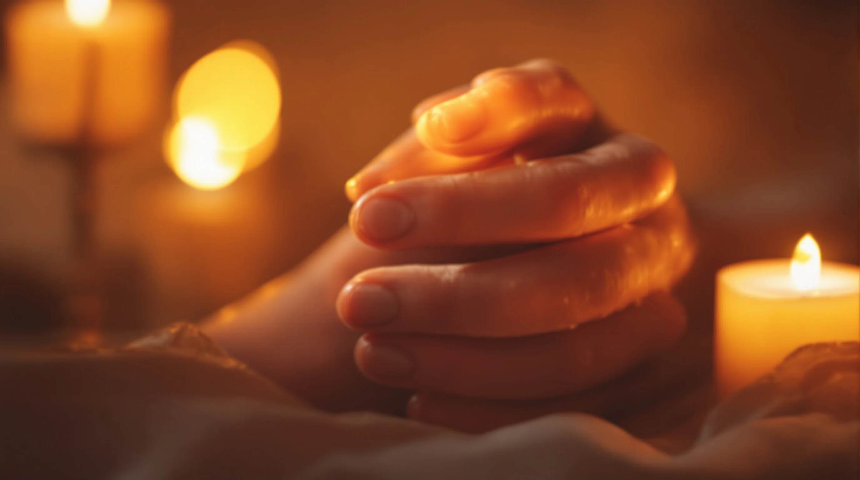 Hands folded in prayer position illuminated by warm candlelight, creating a peaceful spiritual atmosphere