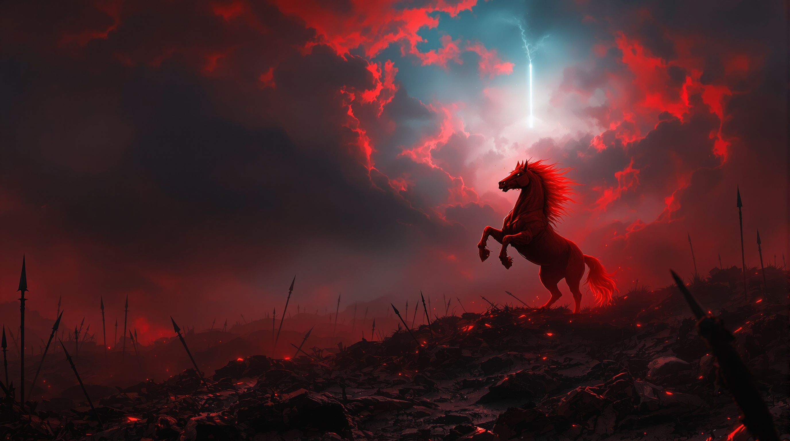 A fiery red warhorse rearing on a darkened battlefield beneath a blood-red sky, symbolizing the red horse of war released at the second seal in Revelation 6.