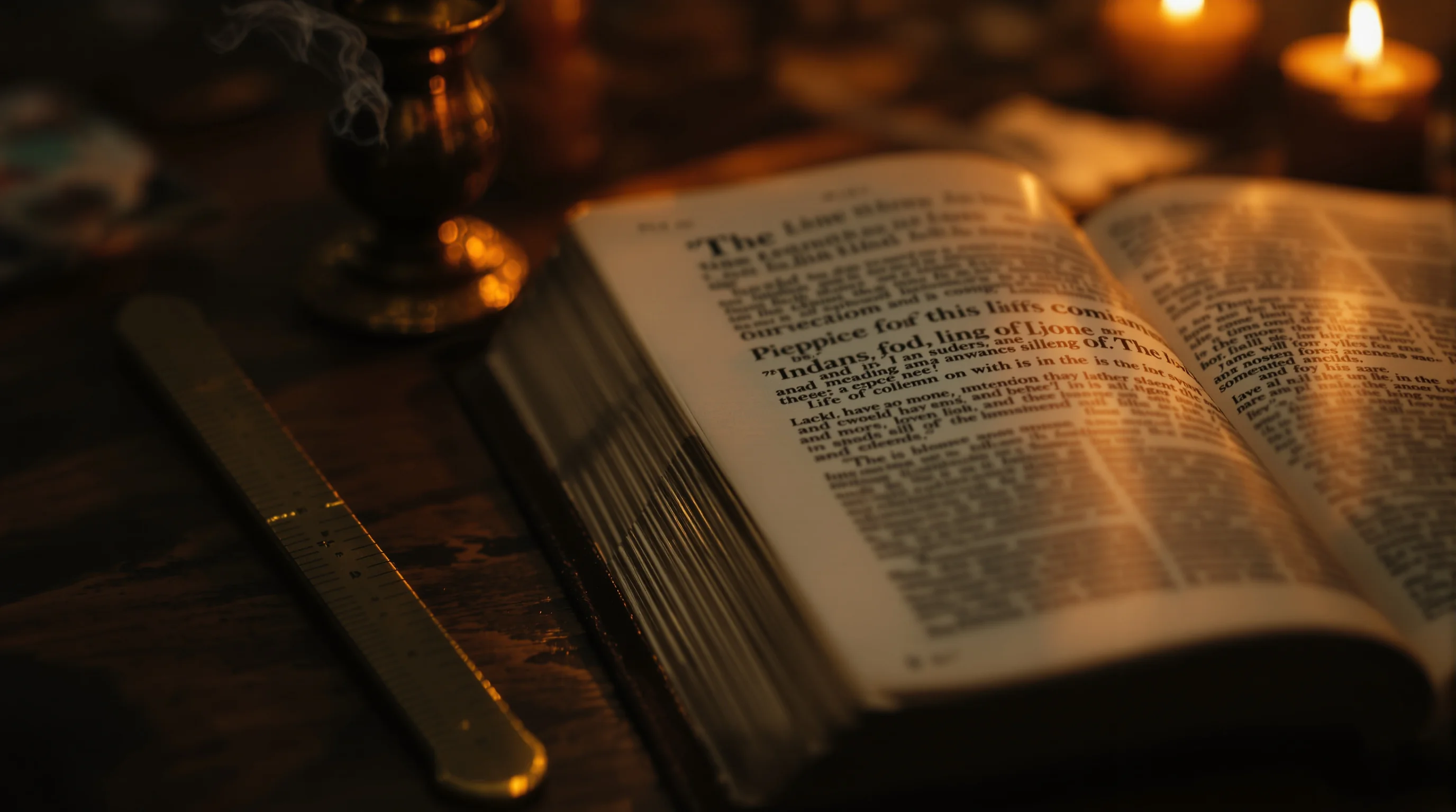Open antique Bible by candlelight with brass measuring rod, illustrating Revelation 11 explained