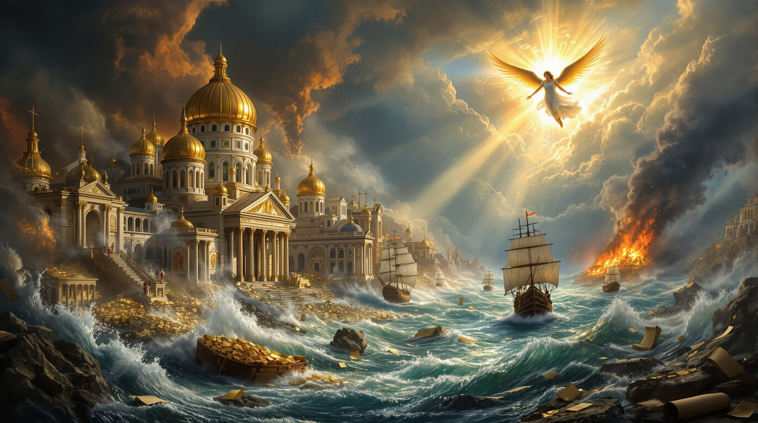 A dramatic biblical scene showing an ancient marble city with golden domes crumbling into turbulent ocean waters as divine judgment falls, depicting Revelation 18 country's destruction with merchant ships, scattered treasures, and a heavenly angel descending through apocalyptic storm clouds.