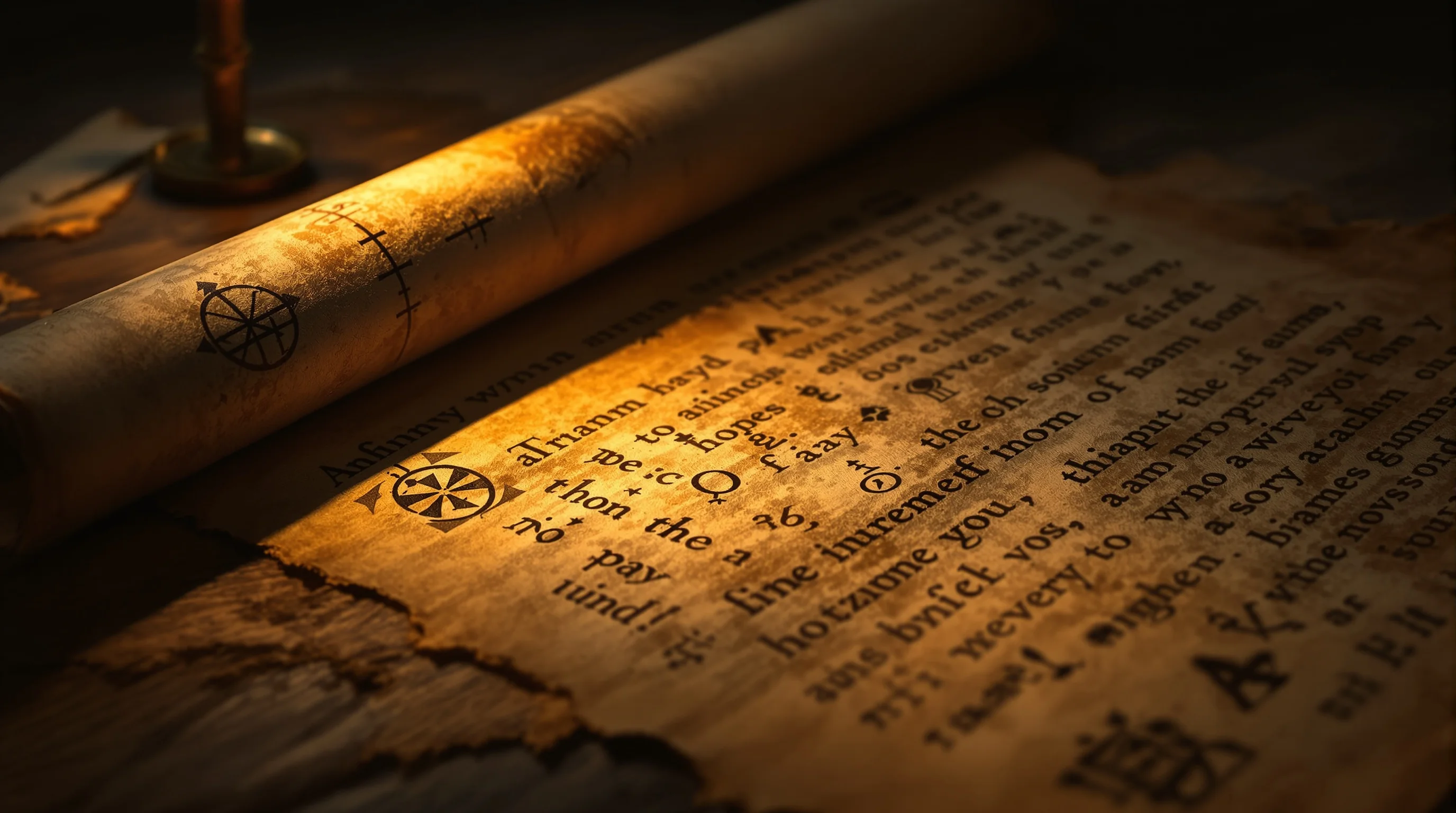 Ancient weathered scroll with mysterious symbols on dark wood, illuminated by warm candlelight
