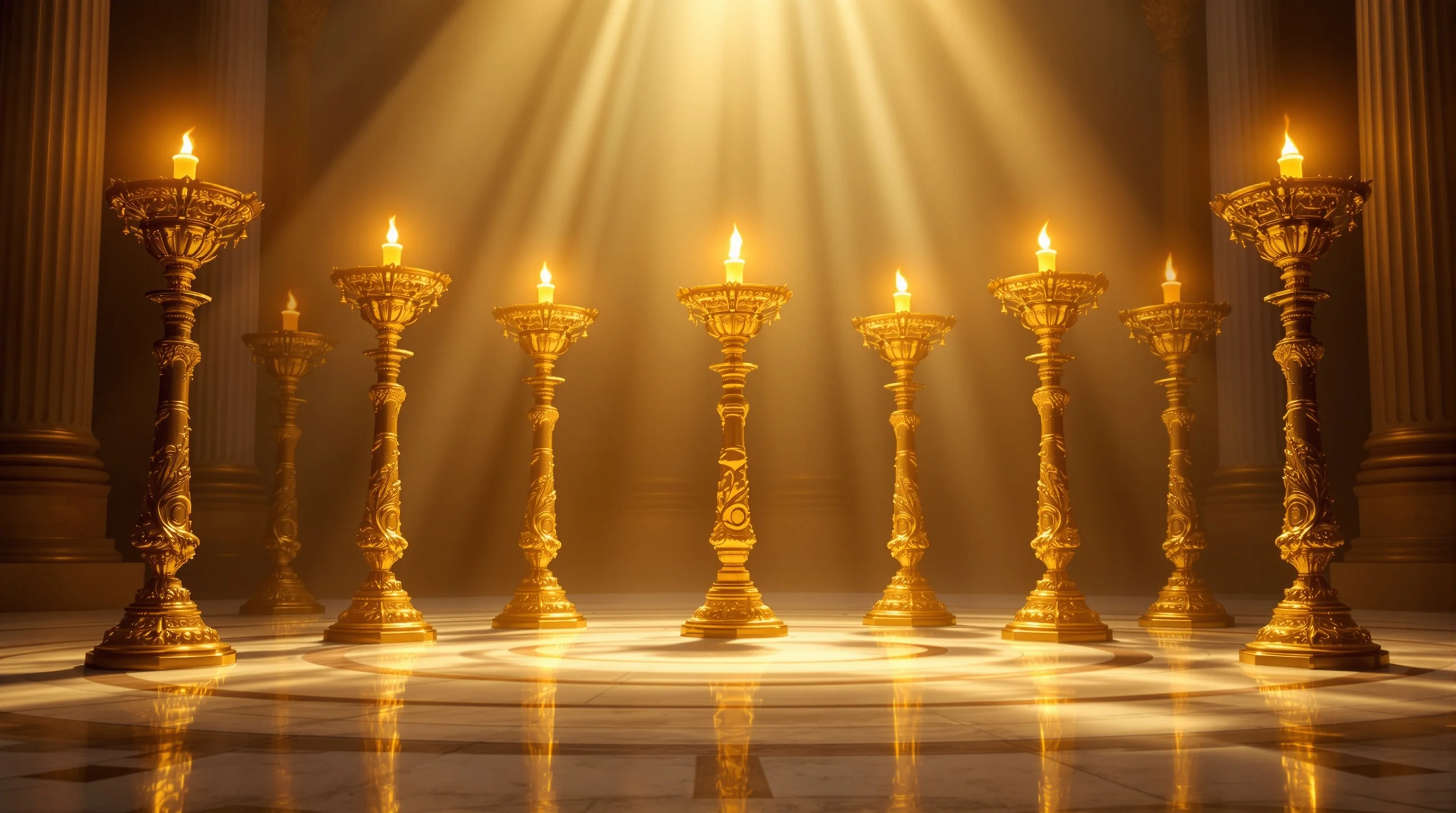Seven golden lampstands arranged in semicircle on marble floor with divine light, representing churches in Revelation 2