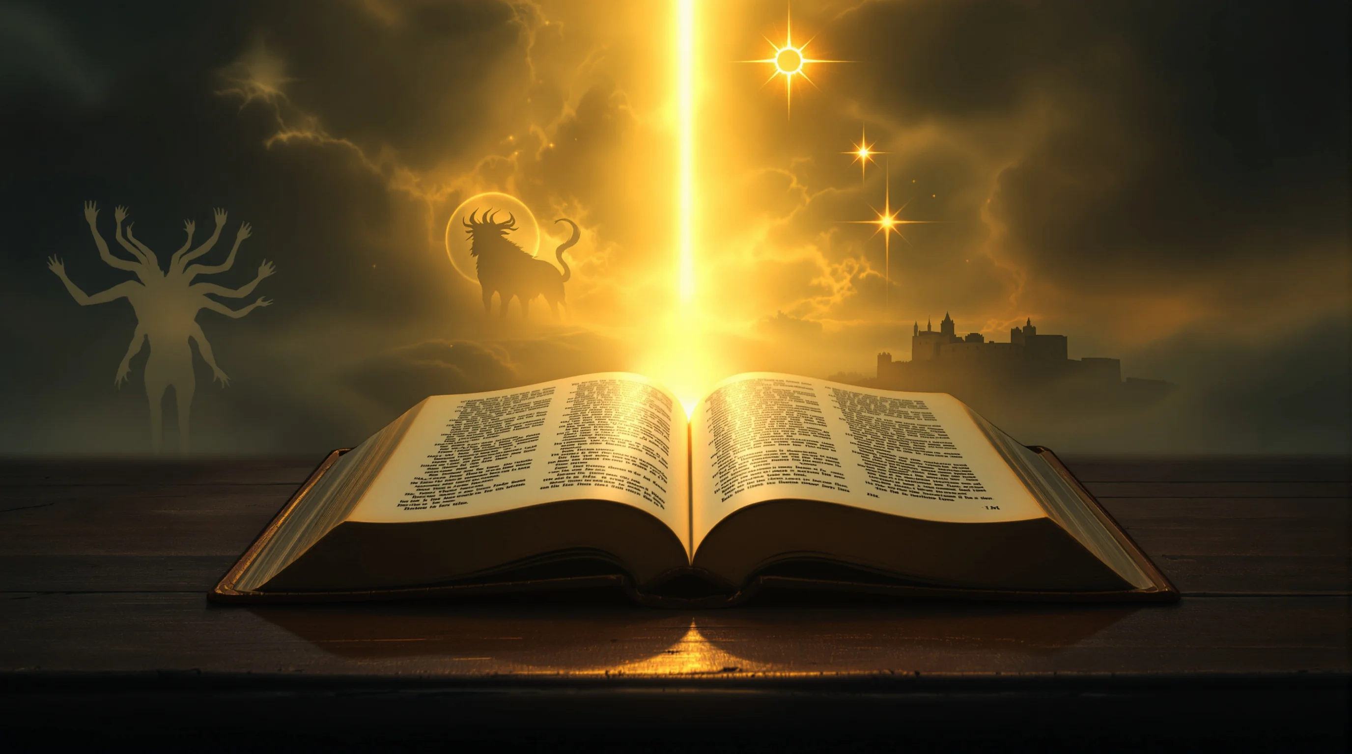 Open Bible with ghostly symbolic visions, illustrating is Revelation literal or symbolic interpretation