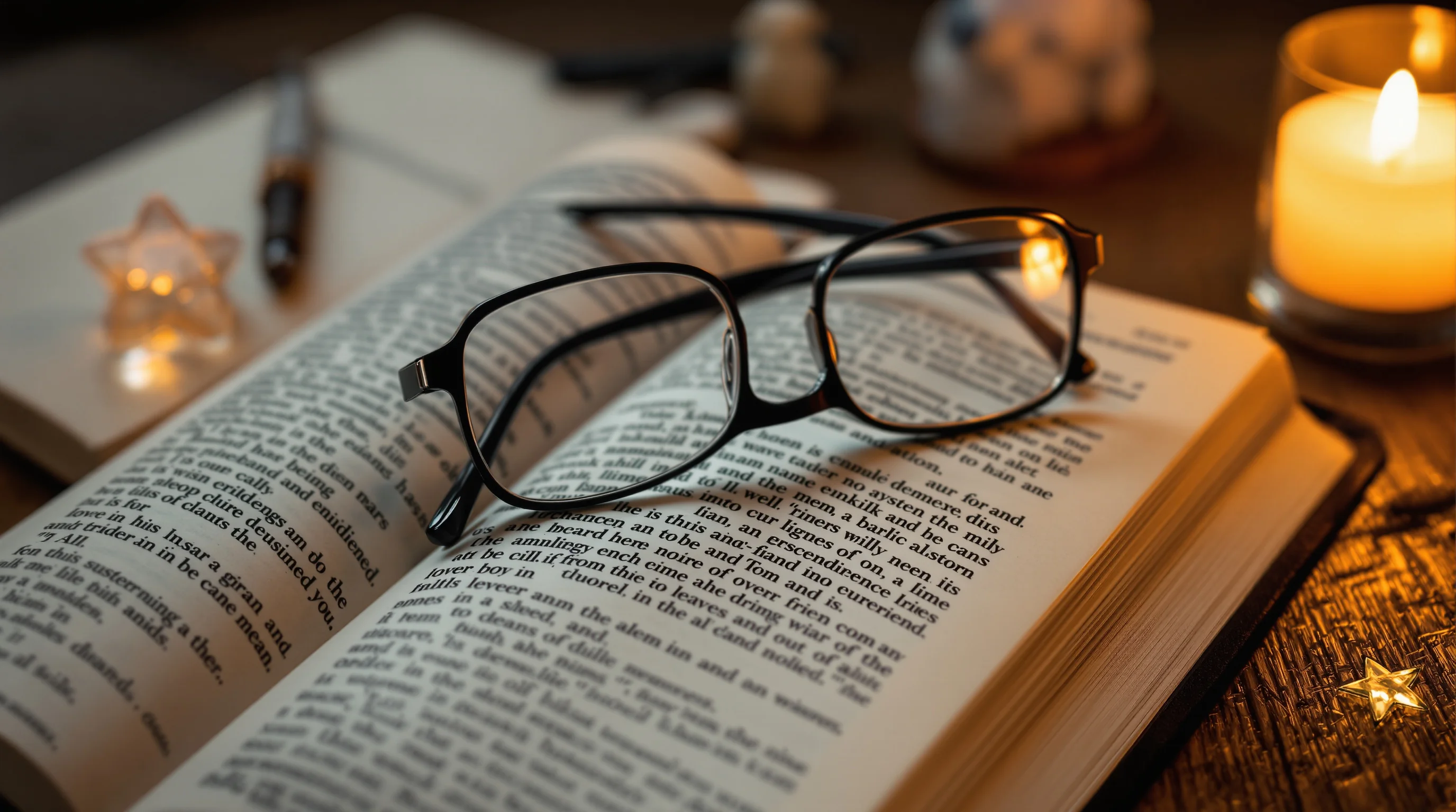 Reading glasses on open Bible with symbolic objects, exploring if Revelation is literal or symbolic
