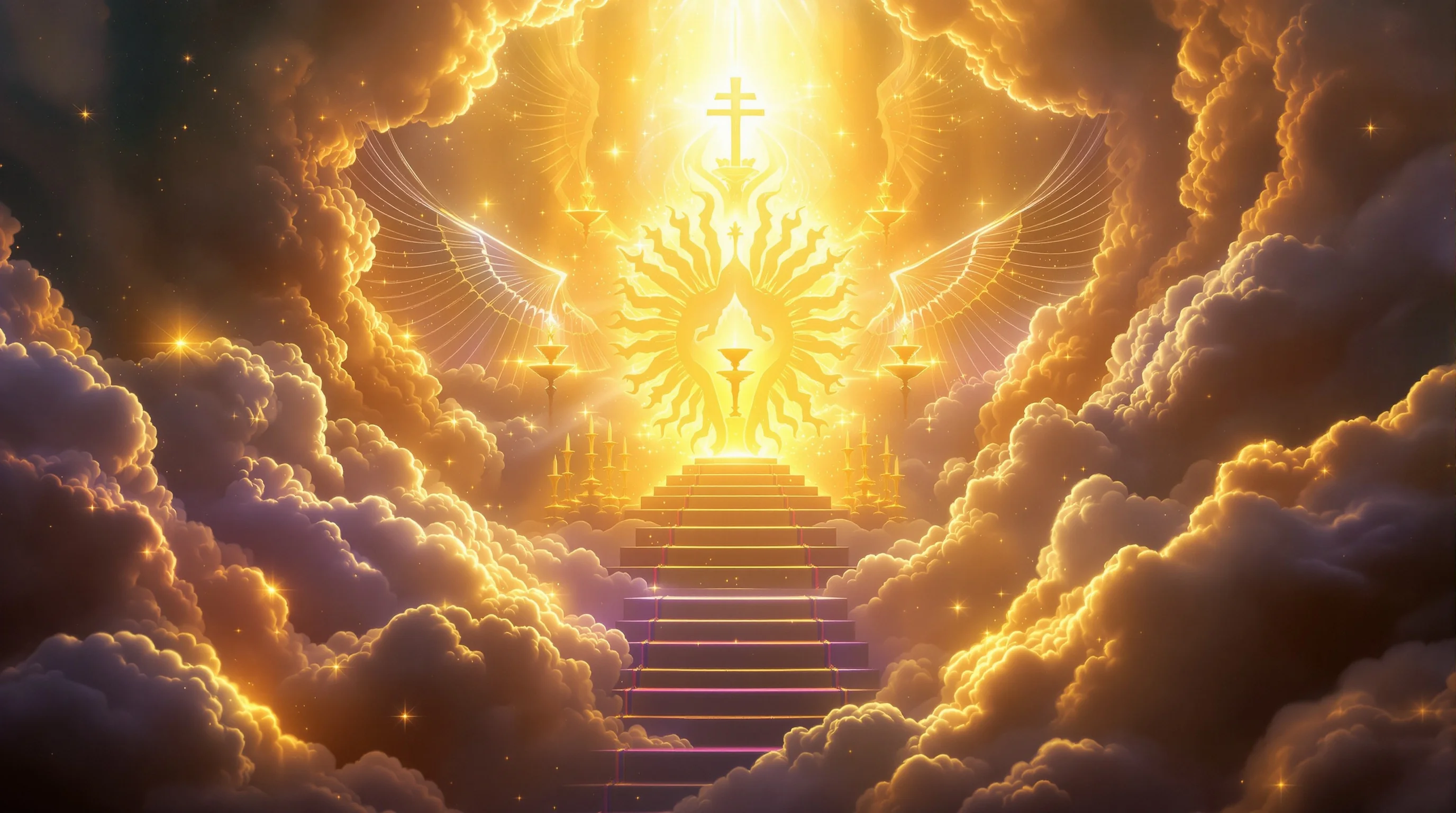 Mystical biblical symbols including seven-headed dragon, golden lampstands, and throne in divine light representing Revelation