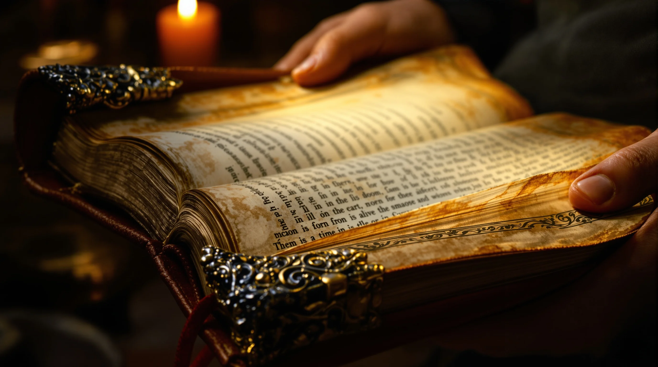 Hands holding ornate ancient leather book with metal clasps, pages slightly open, illuminated by warm candlelight