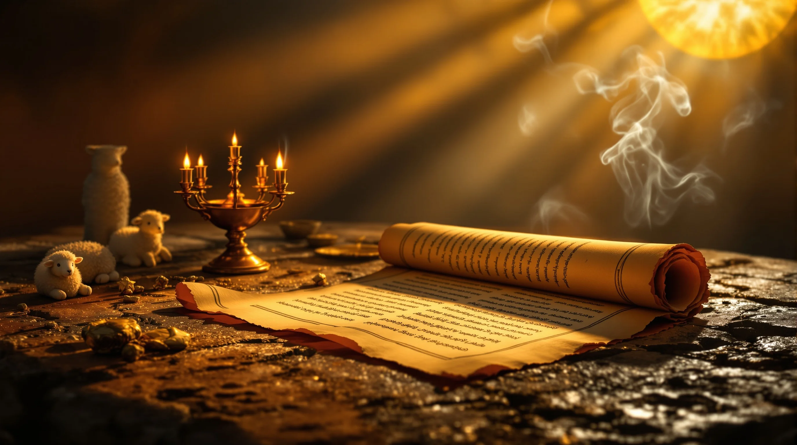Ancient scroll on stone with a seven-branched lamp, lamb figurine, and celestial symbols in warm golden light