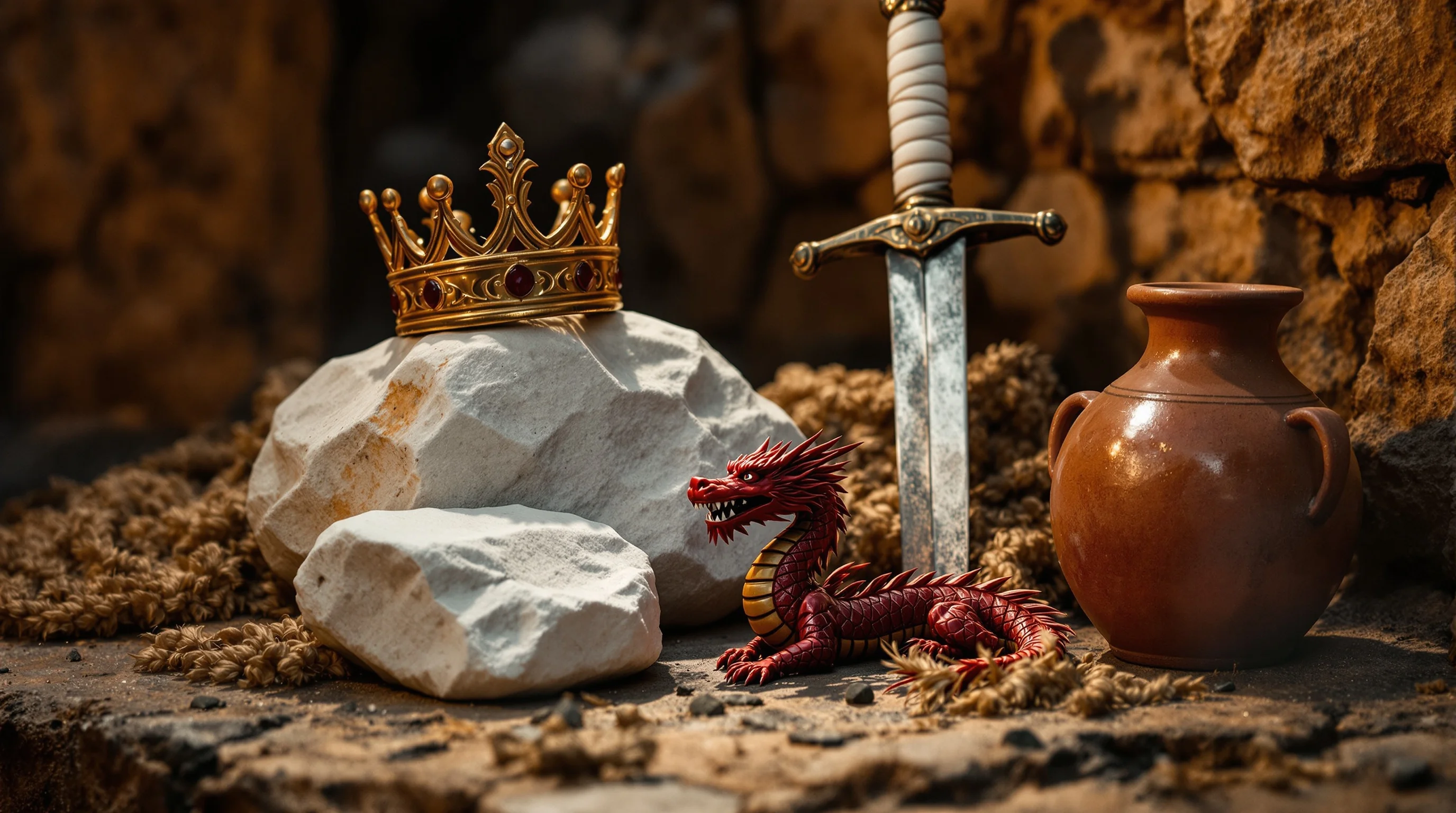 First-century symbolic objects—white stone, golden crown, red dragon, sword, clay vessel—dramatically lit on aged stone surface.