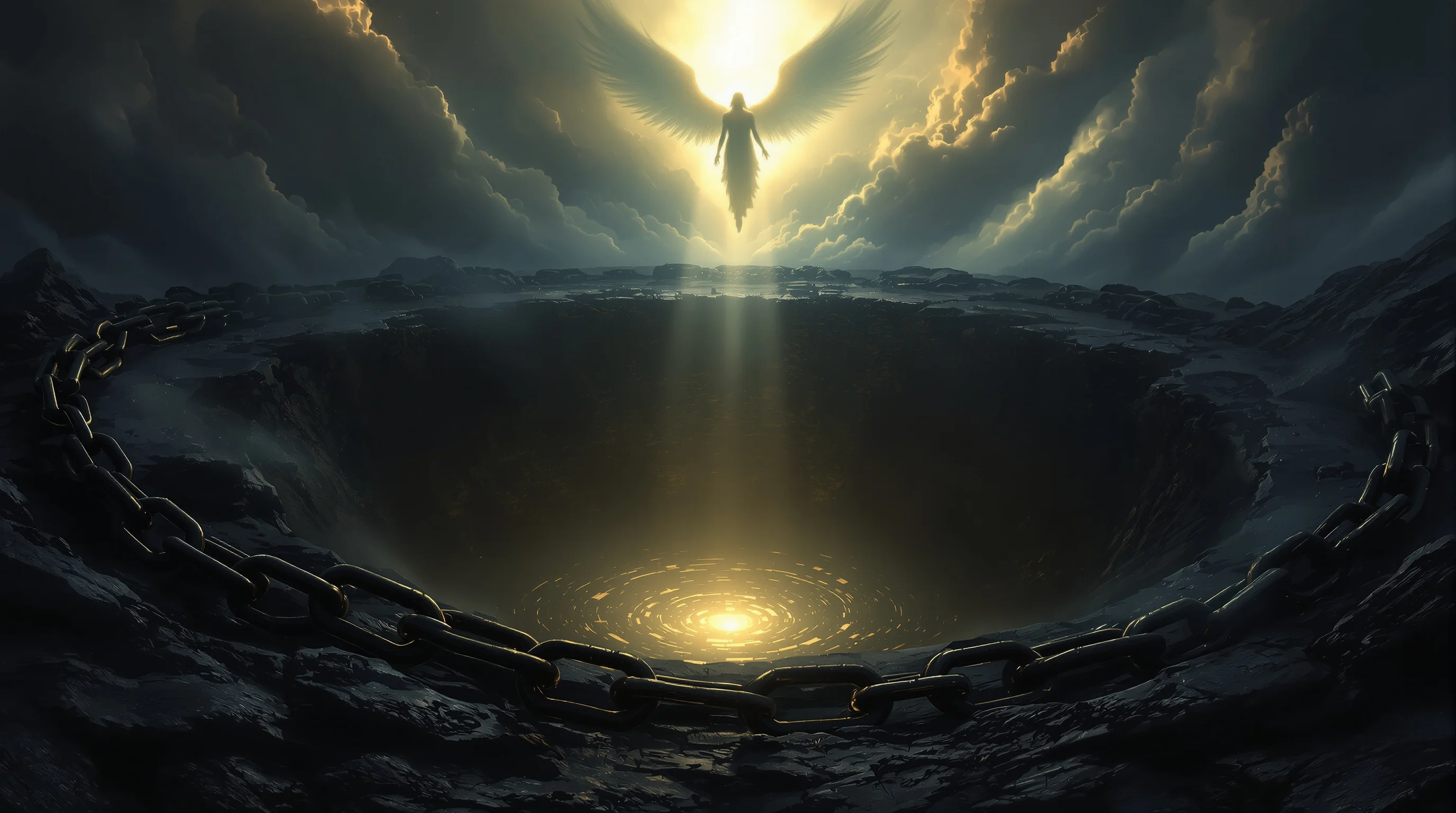 Symbolic depiction of Satan bound for a thousand years with chains over a dark abyss and heavenly light