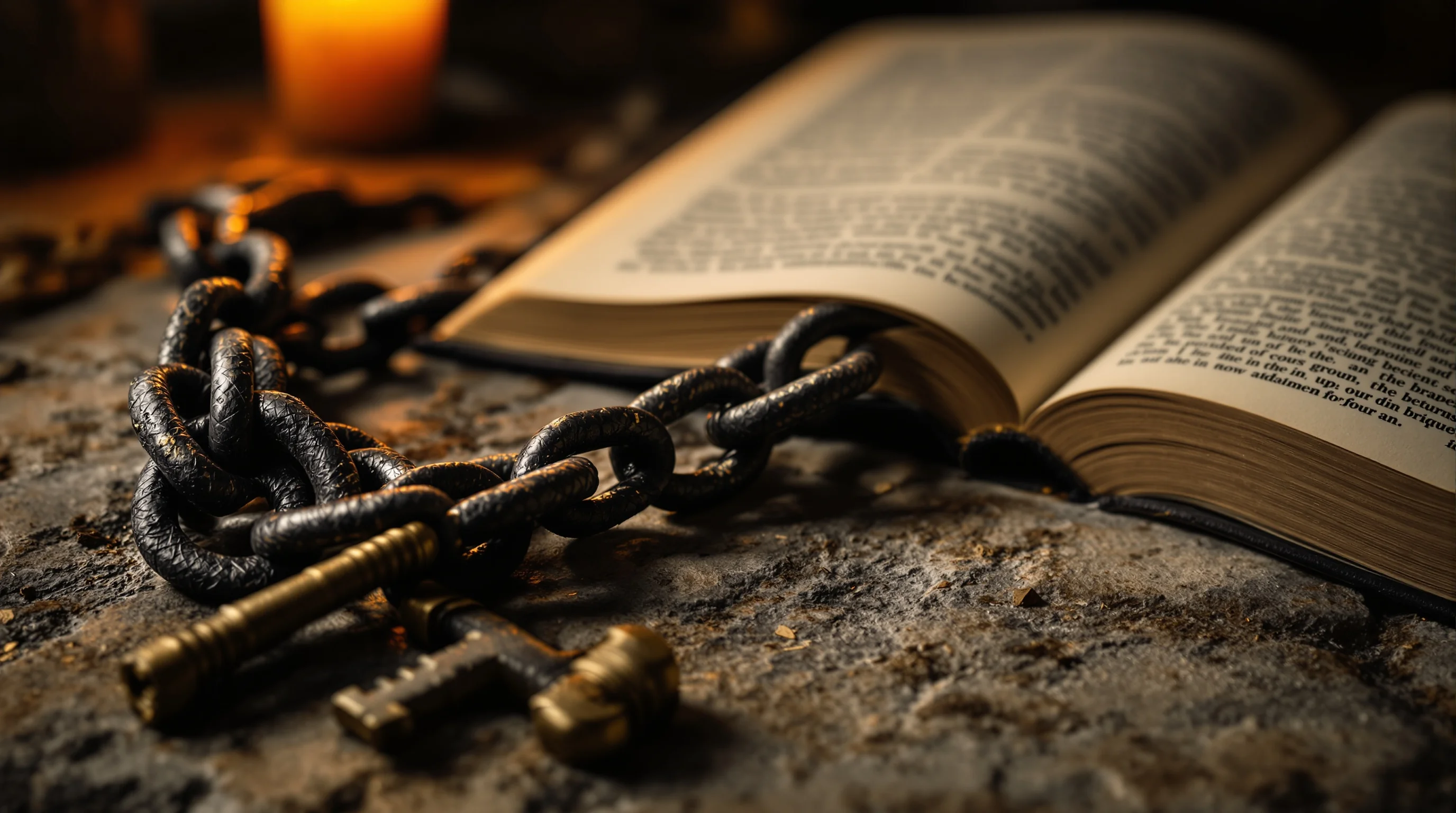 Iron chain and brass key symbolizing Satan bound for a thousand years in biblical prophecy