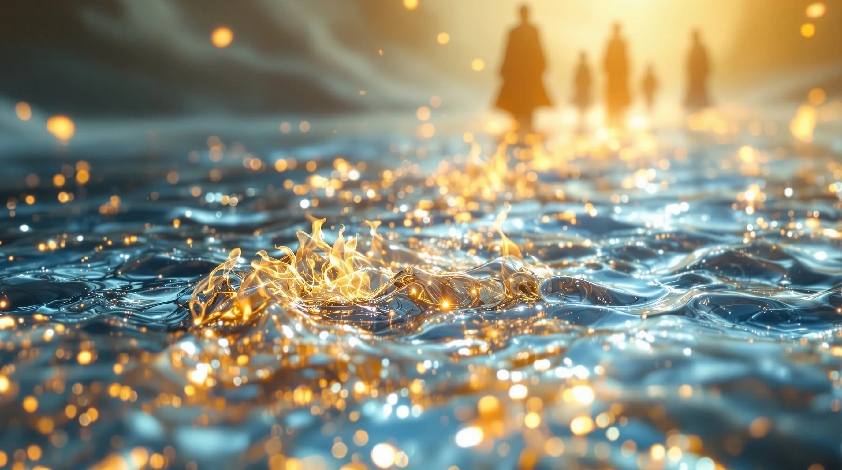 Sea of glass in Revelation with golden flames beneath crystal surface and robed figures in soft light