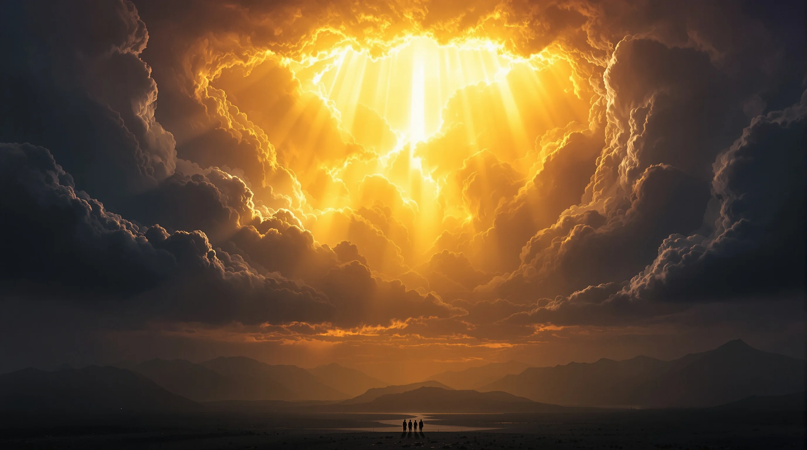 Heavens parting with radiant golden light beaming down on silhouetted figures and mountains, depicting the second coming of Jesus