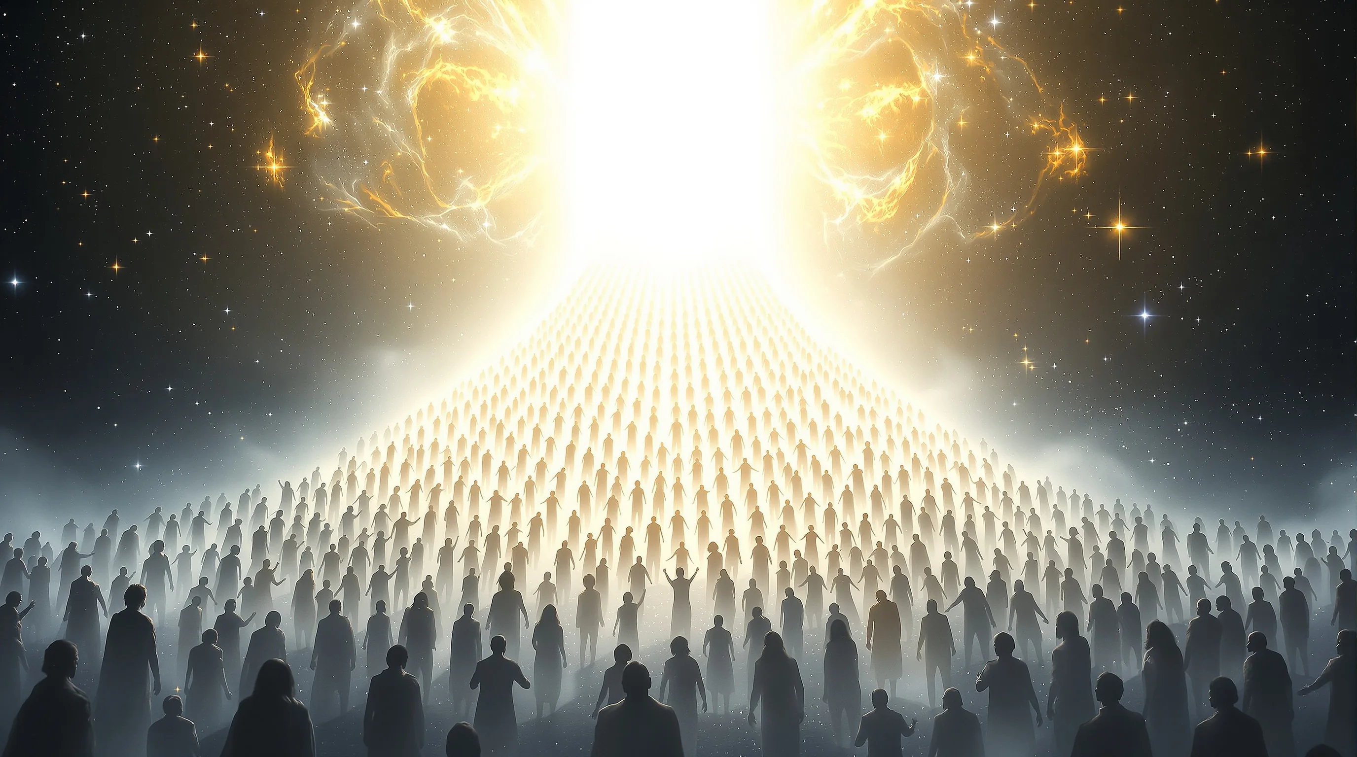 Countless souls ascending toward a blazing Great White Throne in a cosmic scene depicting the second resurrection and final judgment.