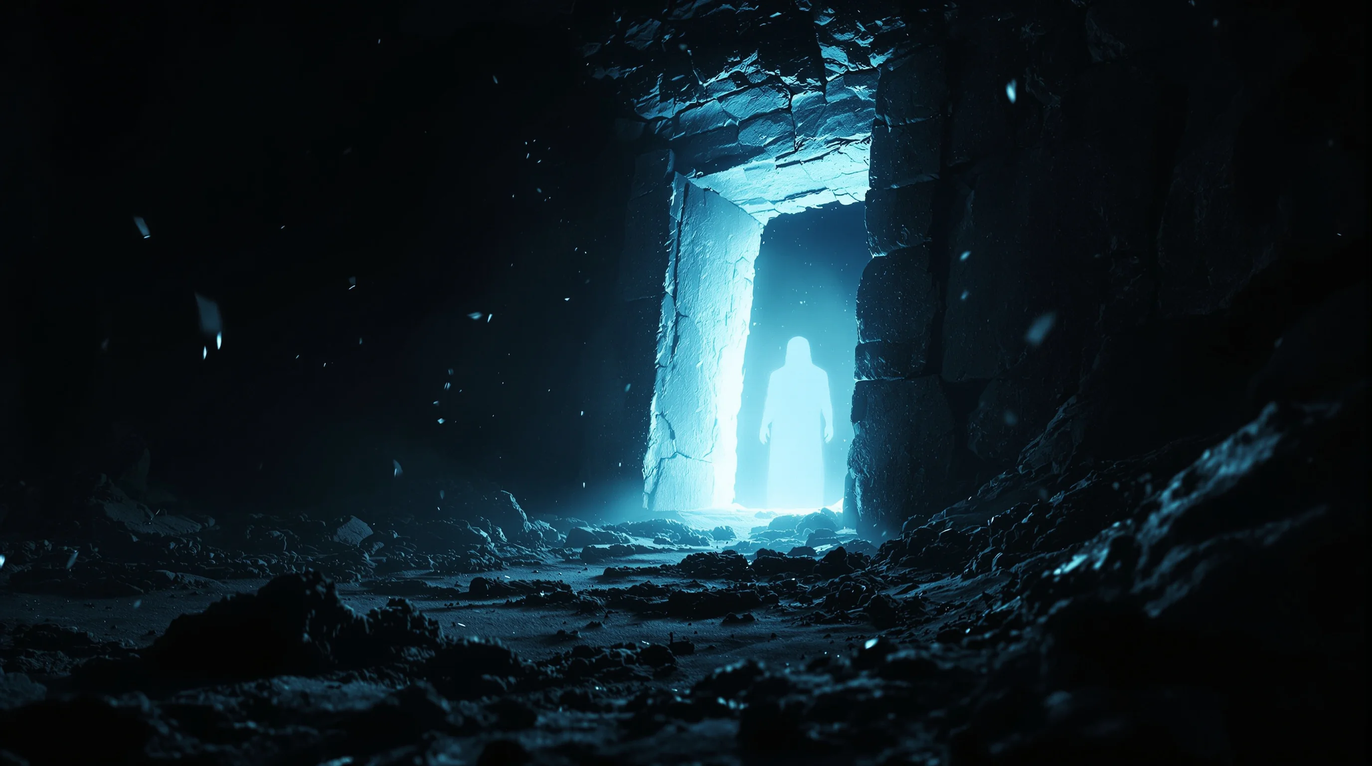 Ghostly silhouette emerging from an ancient stone tomb bathed in pale blue light, symbolizing the second resurrection and judgment.