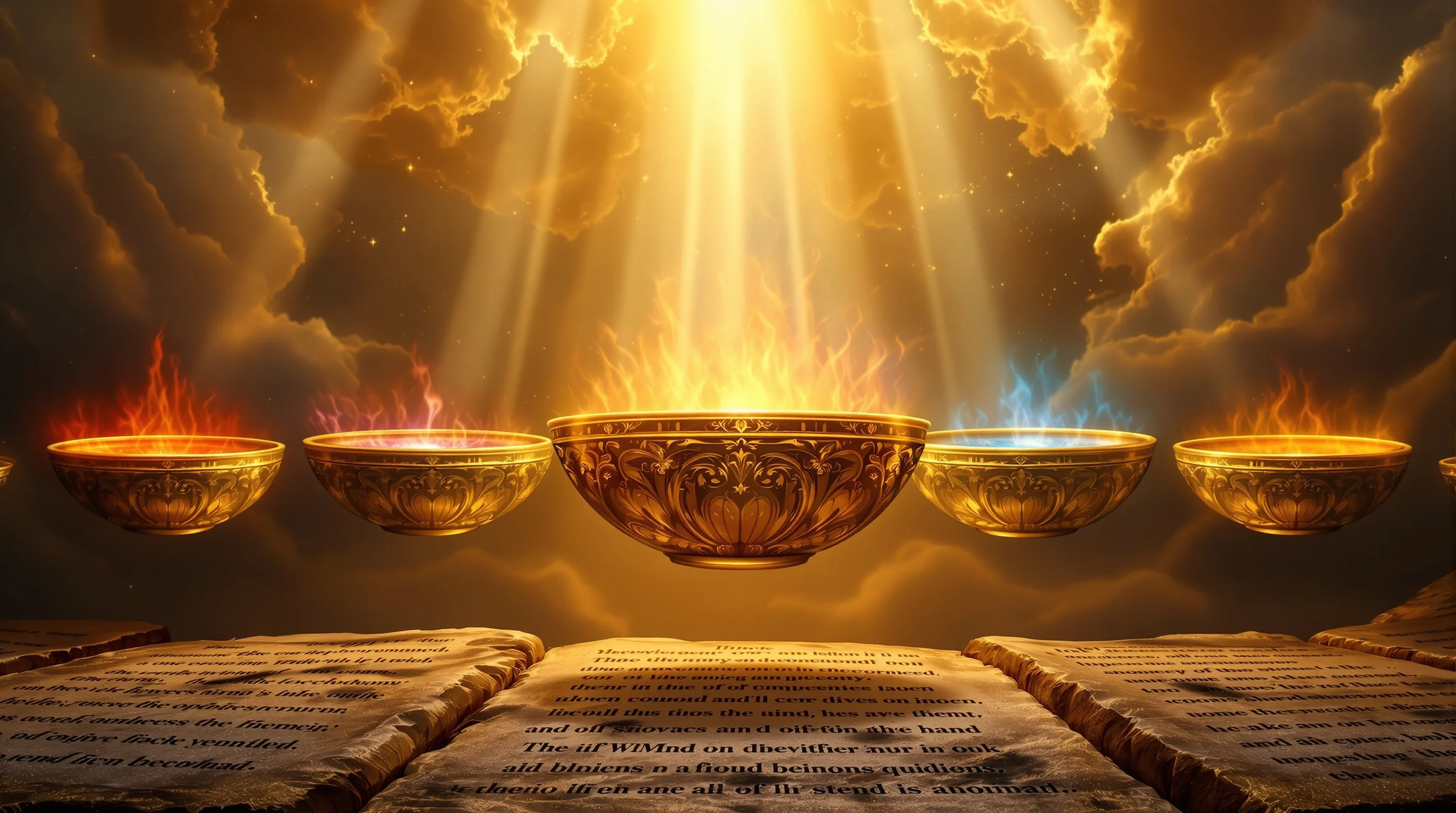 Seven golden bowls floating in celestial space with colored energies, ancient scrolls below depicting biblical prophecy
