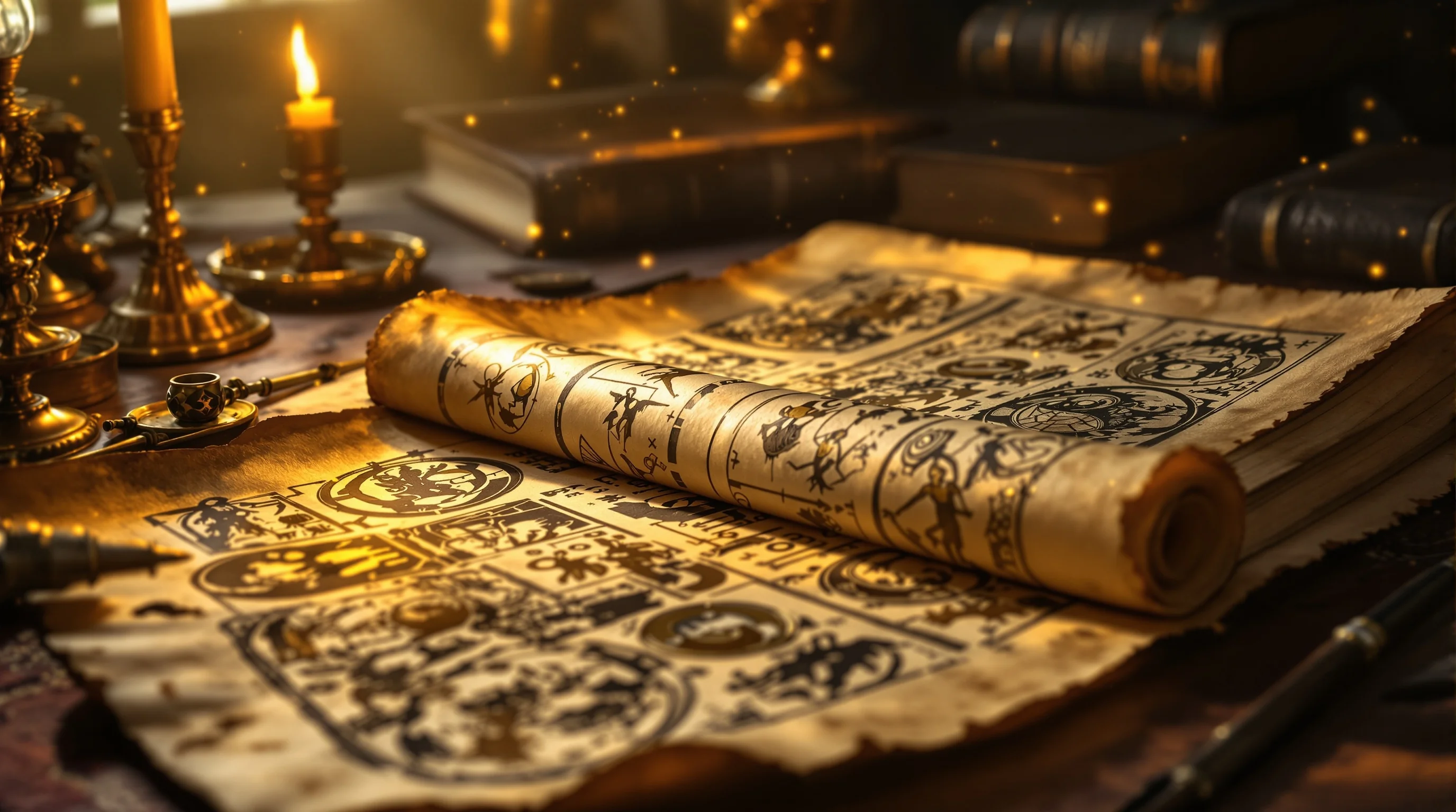 Ancient manuscript scrolls showing apocalyptic imagery of the seven bowls of God's wrath on a scholar's study table