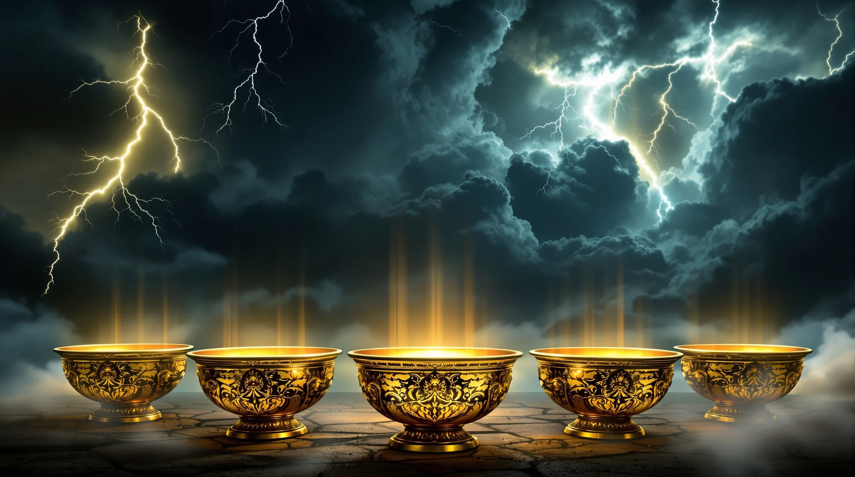 Seven golden bowls glowing with divine light arranged against stormy sky with lightning, representing biblical prophecy