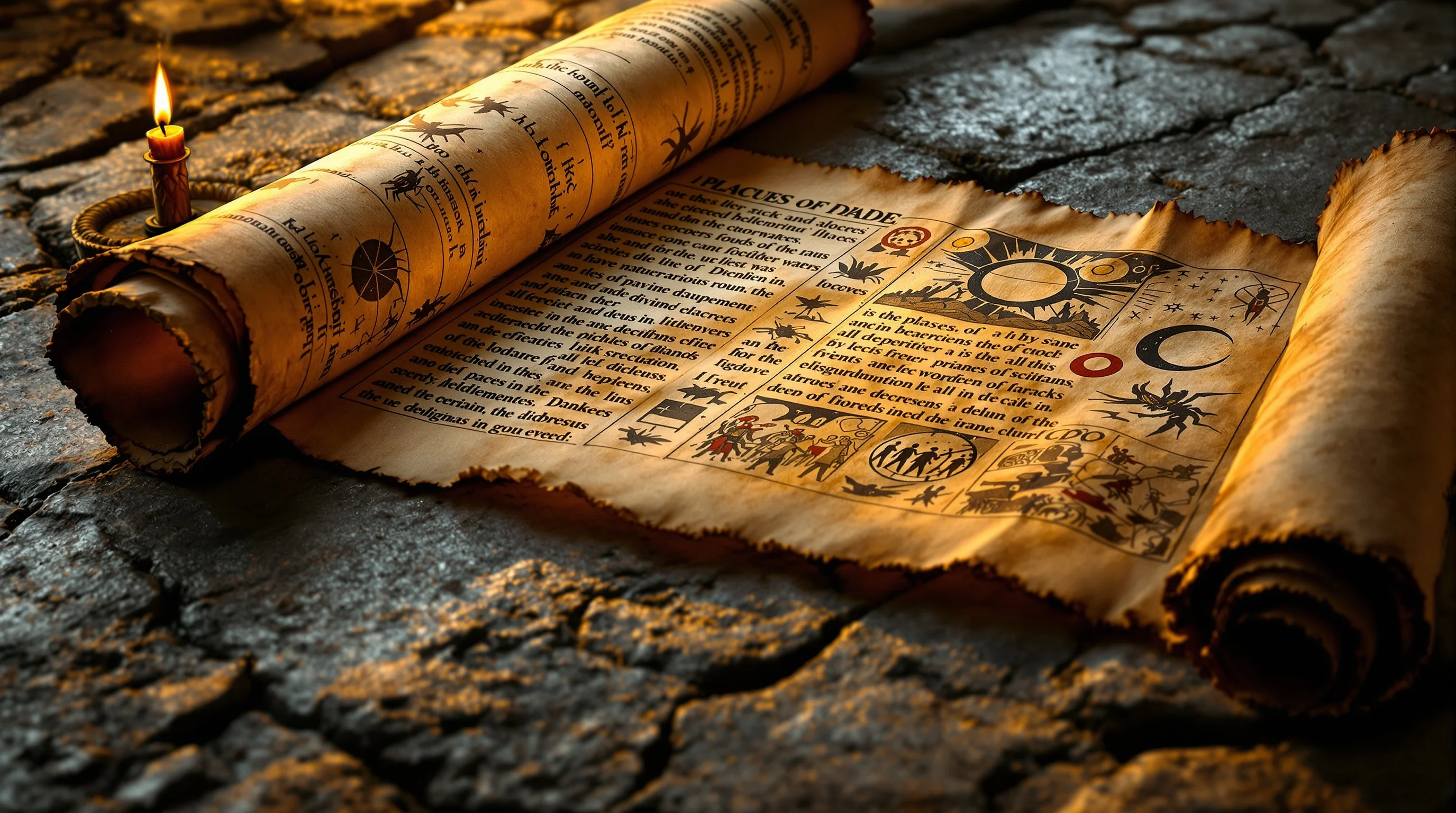 Ancient scroll on weathered stone showing biblical plague imagery including locusts, blood-red water, and darkness
