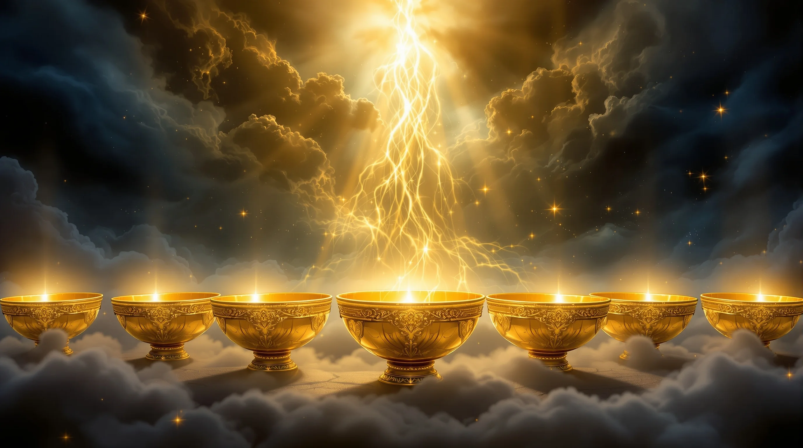Seven golden bowls floating in dramatic celestial sky with divine light, representing the bowls of God's wrath from Revelation