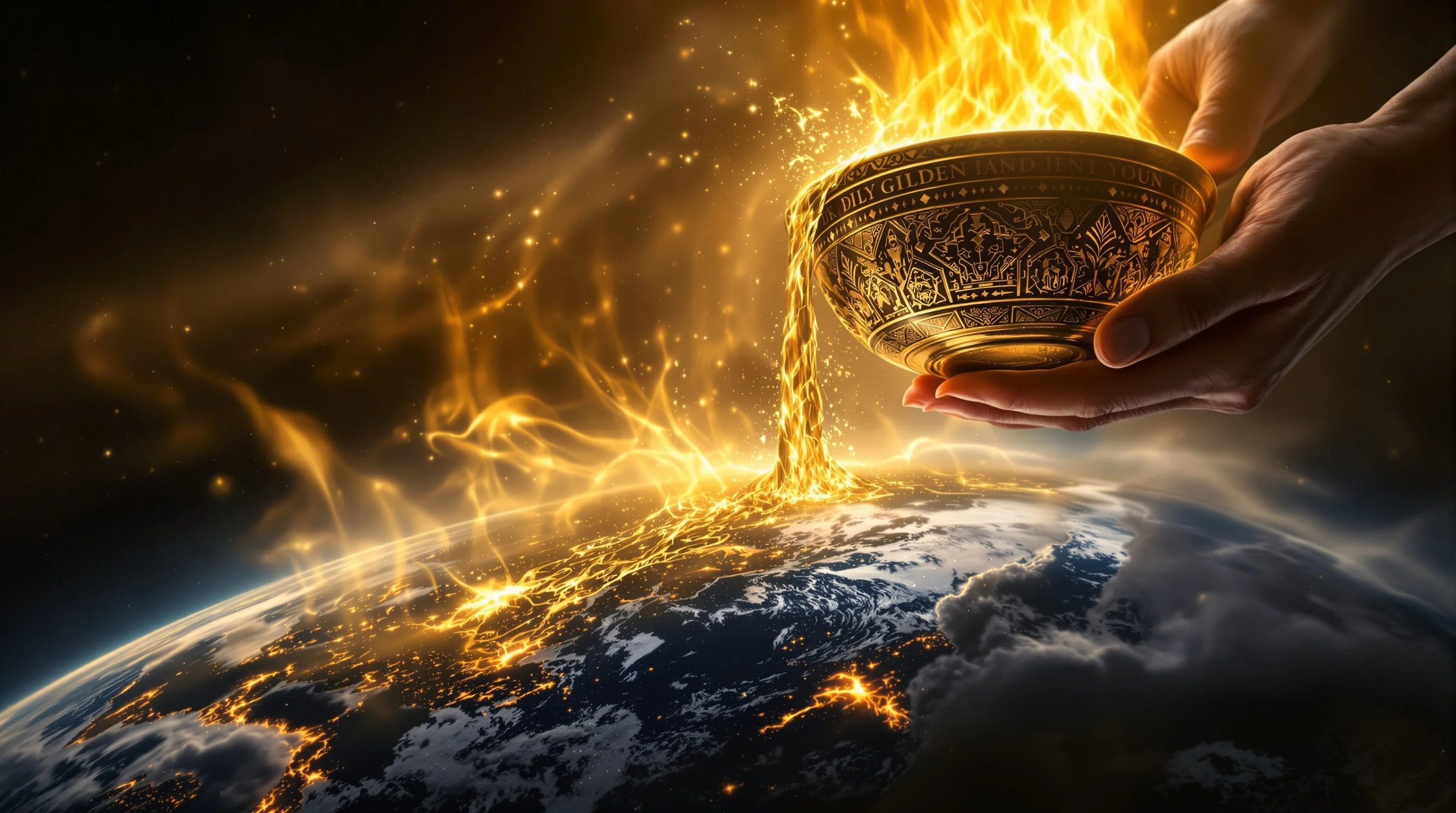 Golden bowl pouring divine judgment with ethereal light, showing the seven bowls of Revelation being emptied upon earth