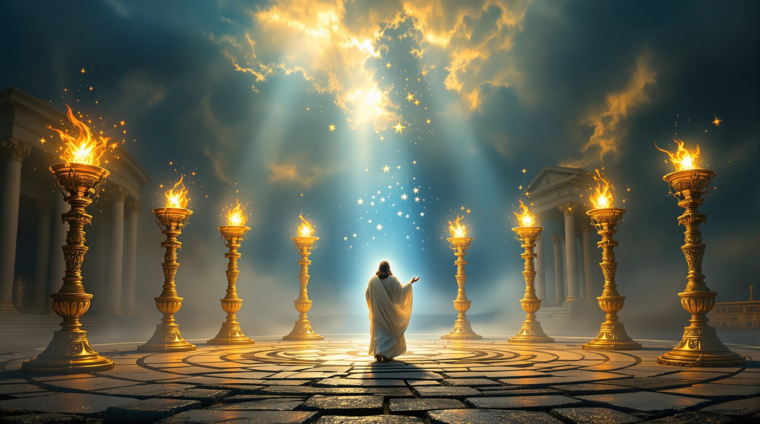 Christ walking among seven golden lampstands representing the seven churches in Revelation, with divine light illuminating the ancient scene in Asia Minor.