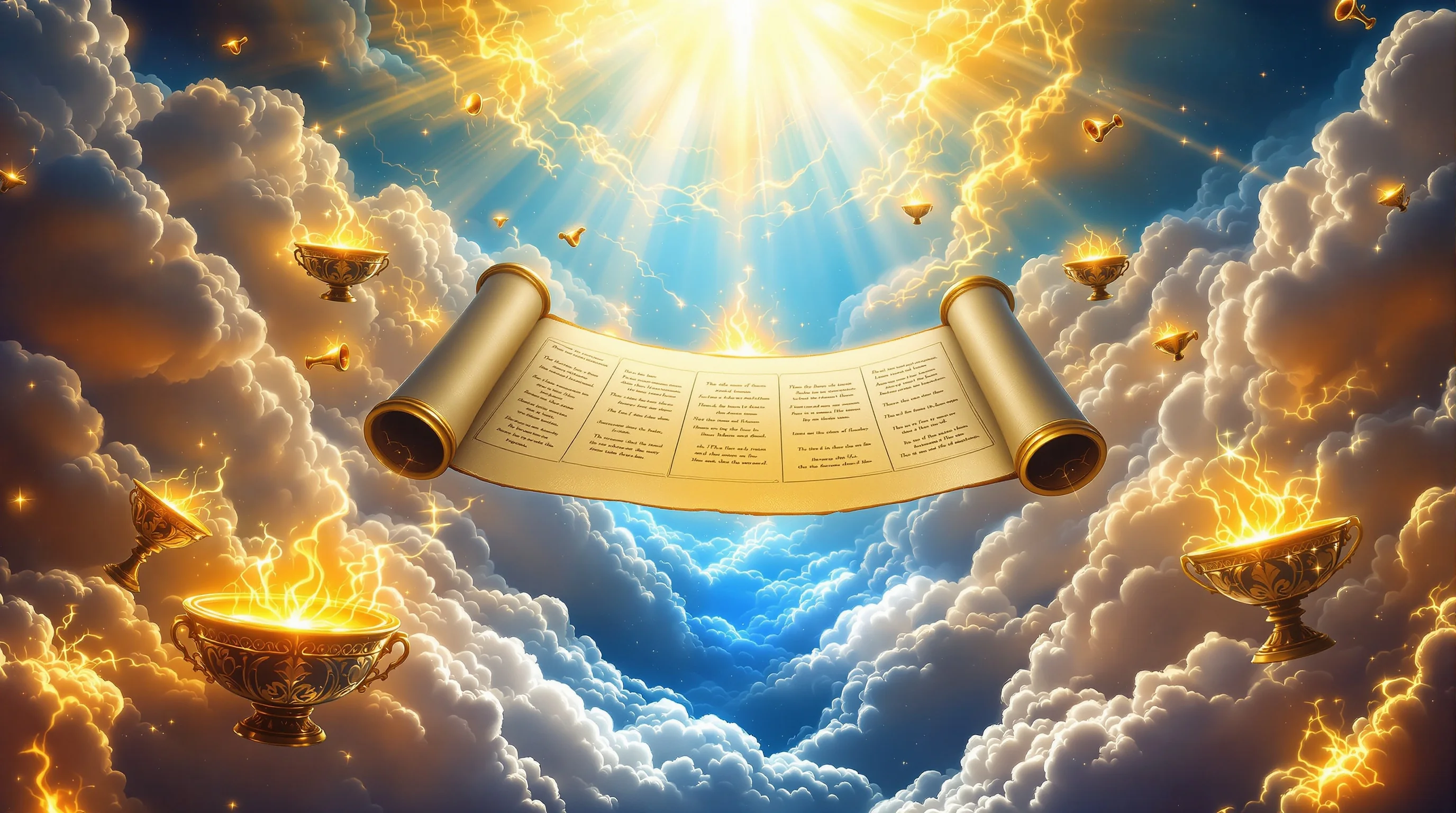 Heavenly scene with seven-sealed scroll, golden trumpets, and glowing bowls representing Revelation's divine judgments
