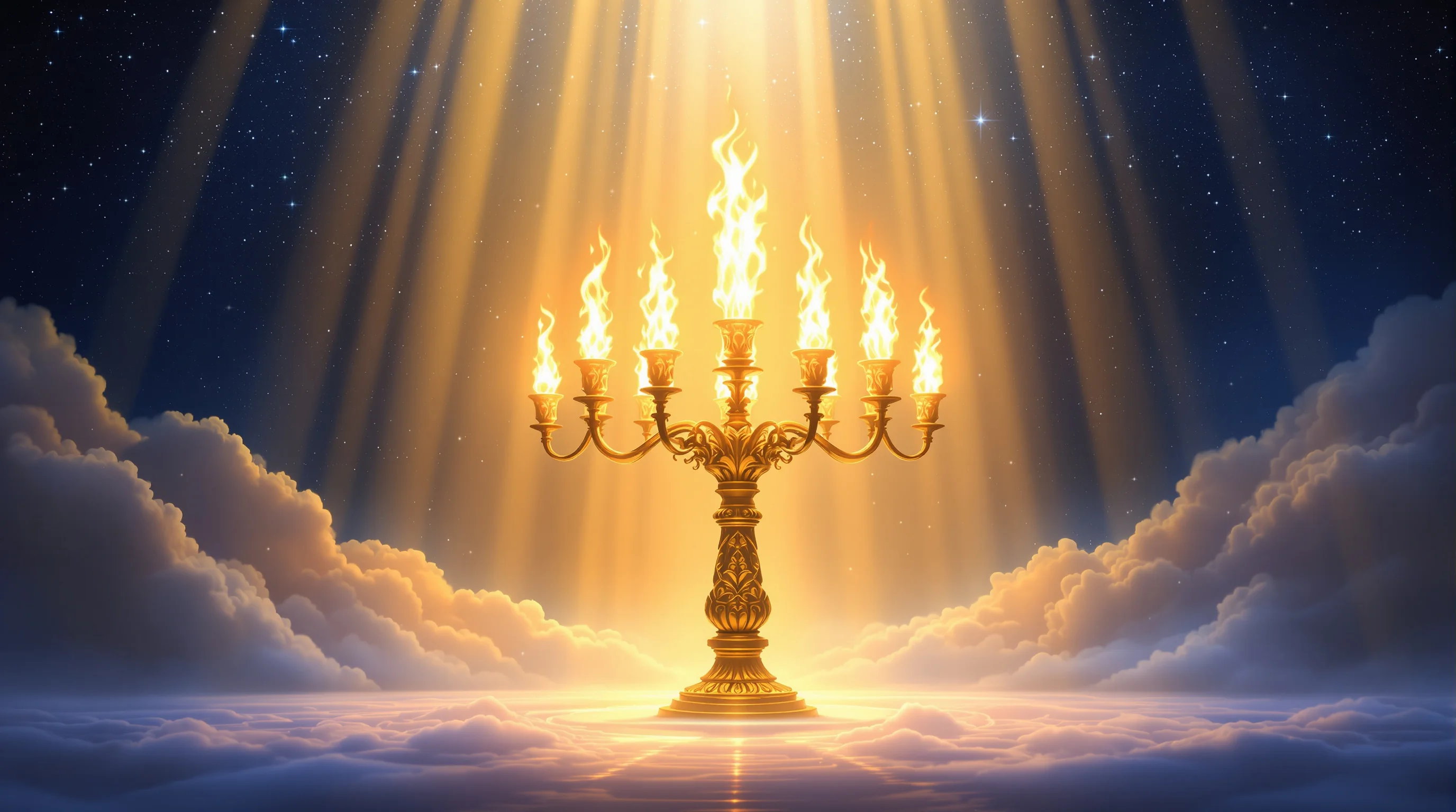 Seven spirits of God depicted as flames on a golden lampstand before heaven's throne in Revelation