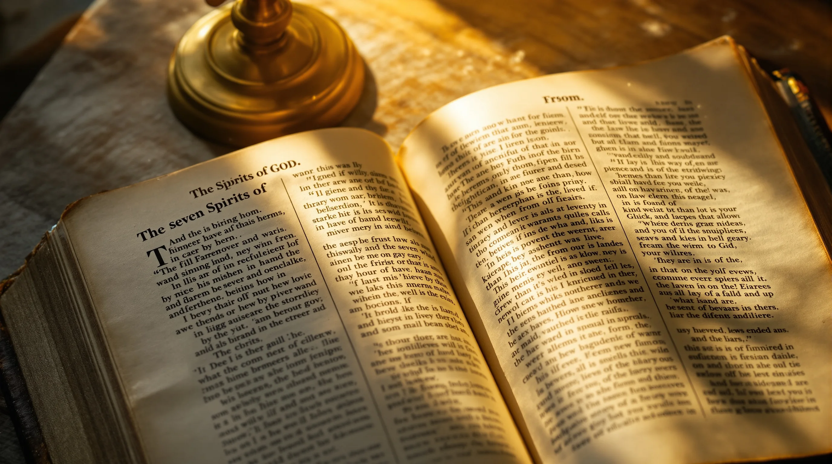 Ancient manuscript and golden lampstand symbolizing the seven Spirits of God in Revelation
