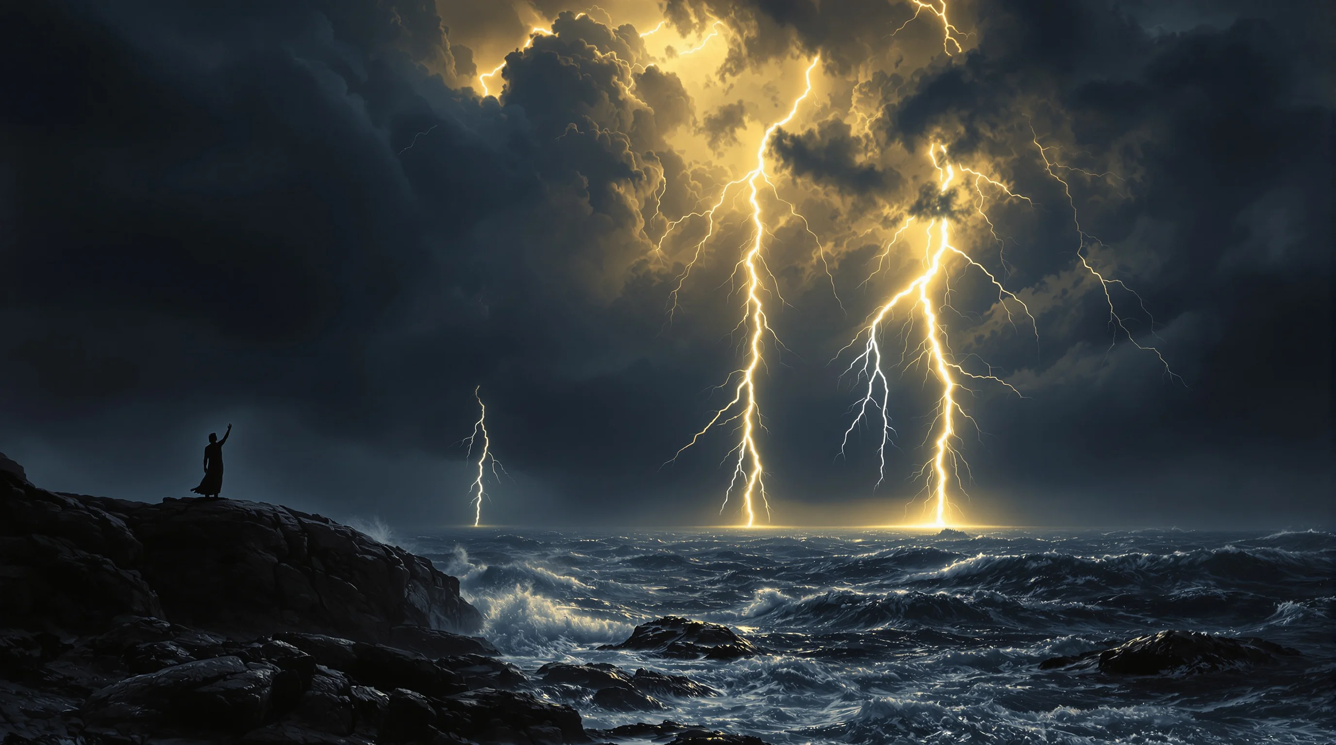 Seven thunders in Revelation depicted as lightning bolts over a stormy sea with John on Patmos