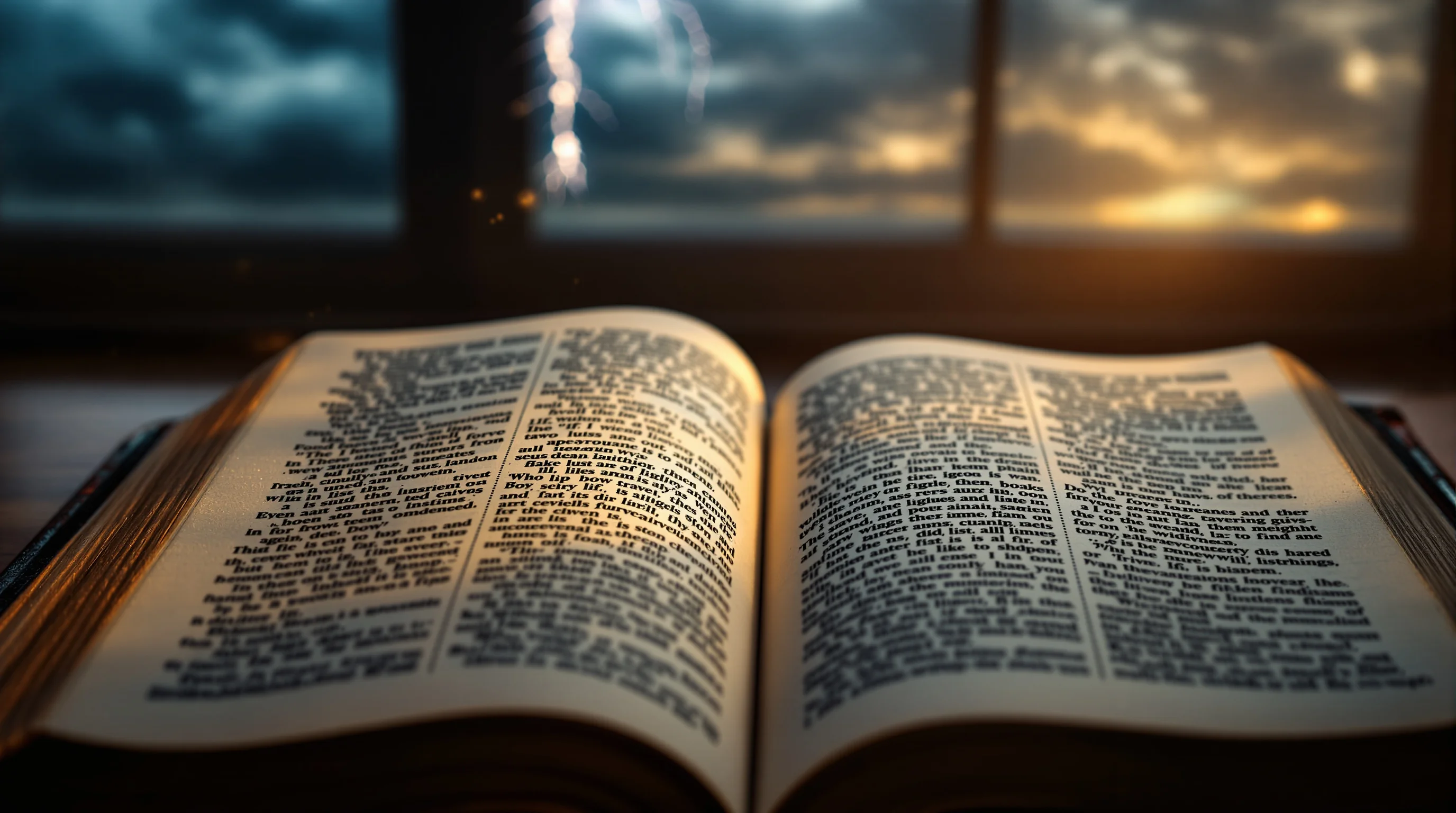 Open Bible with soft light and storm clouds, symbolizing the seven thunders in Revelation