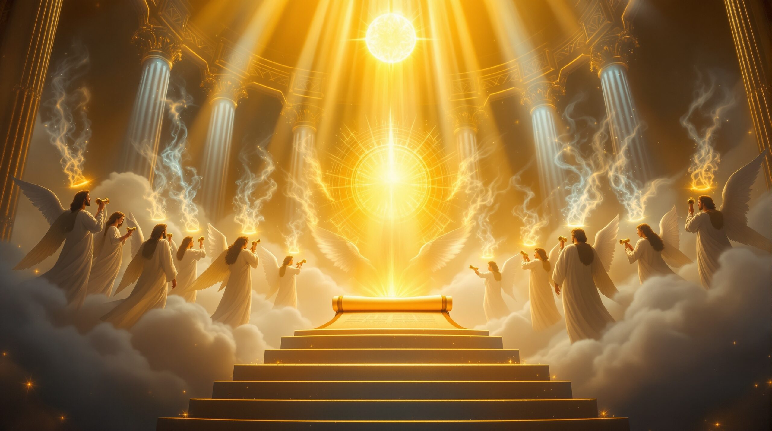 Christ opening the seventh seal in Revelation surrounded by seven angels with golden trumpets in a divine throne room, with incense rising from a golden altar toward God's glowing throne amid heavenly silence.